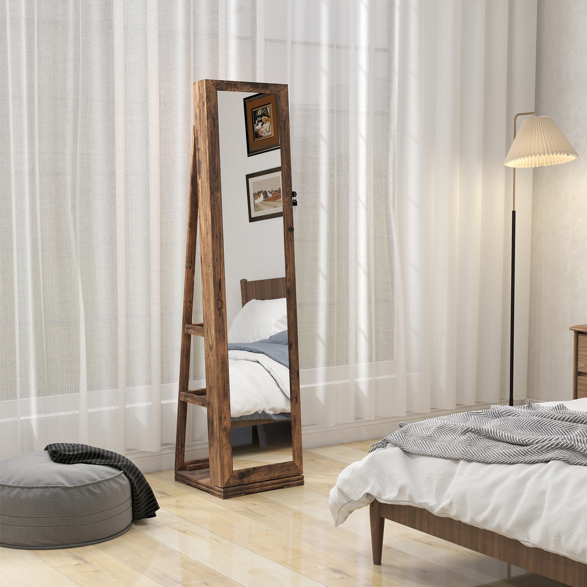 Armoire à Bijoux pivotante verrouillable boîte à bijoux avec Miroir - Armoire Bijoux Multi-Rangement - en Bois Brun Rustique