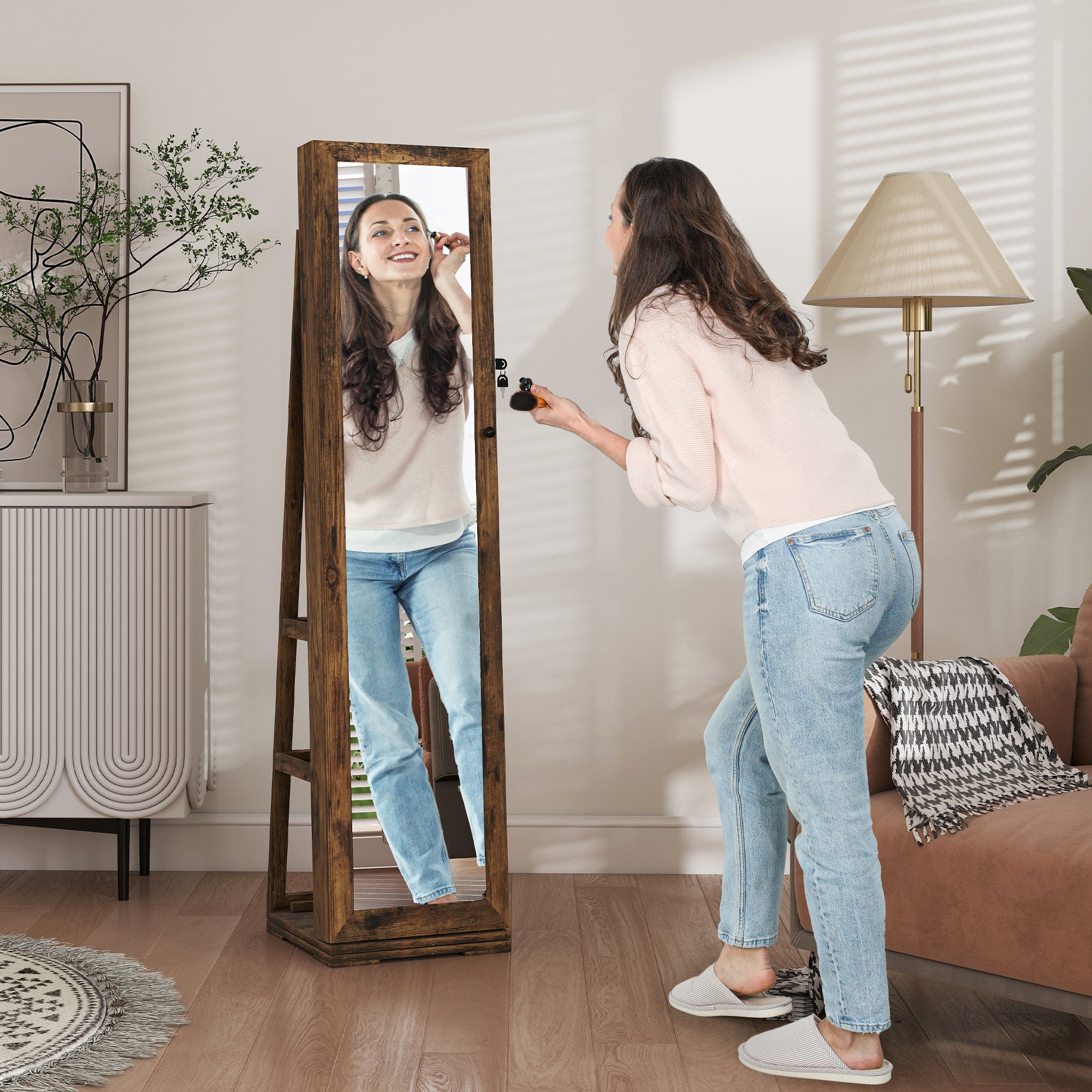 Armoire à Bijoux pivotante verrouillable boîte à bijoux avec Miroir - Armoire Bijoux Multi-Rangement - en Bois Brun Rustique