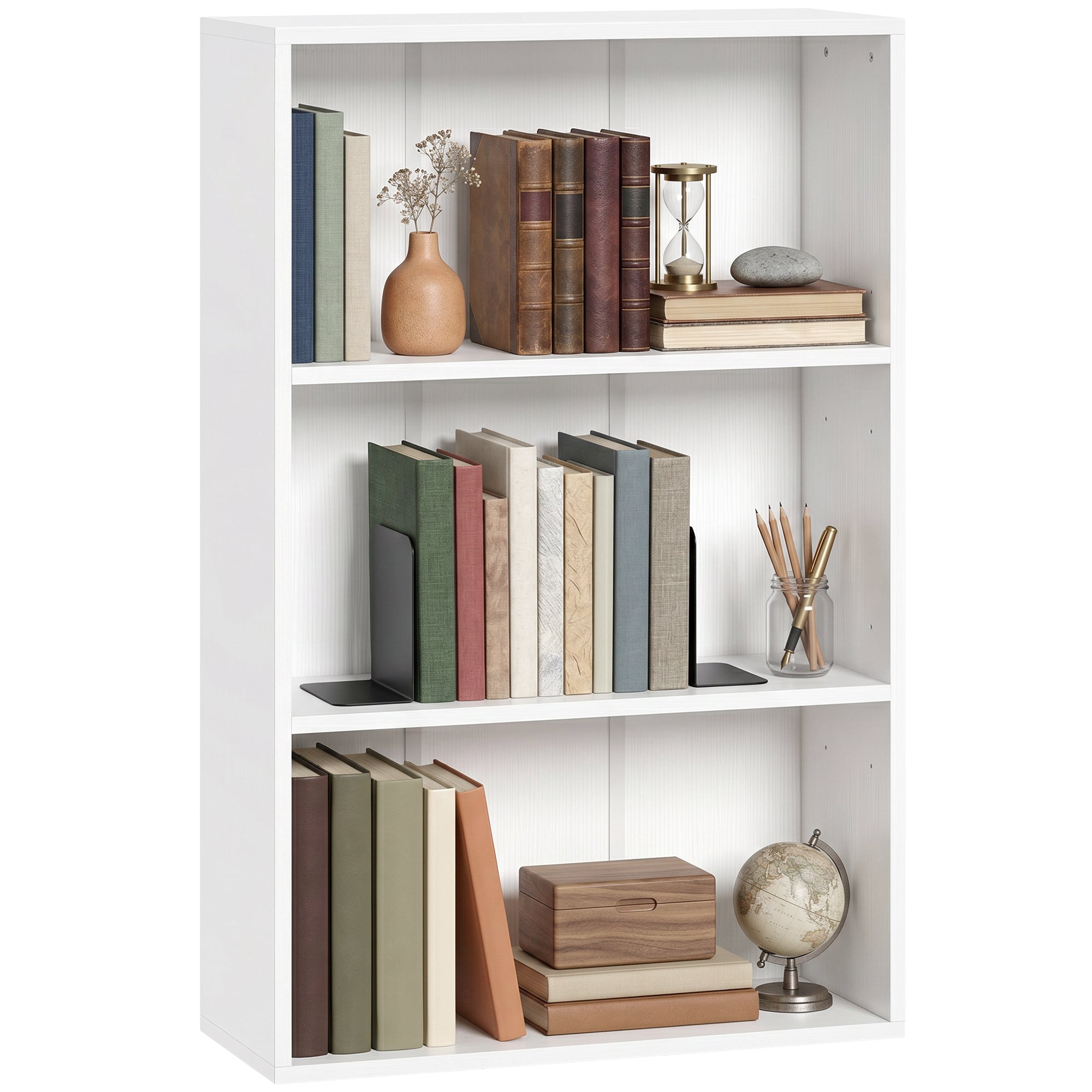 Bibliothèque étagère de rangement avec 3 compartiments et étagère réglable, meuble de rangement pour bureau, salon, chambre, 60 x 24 x 93 cm, blanc