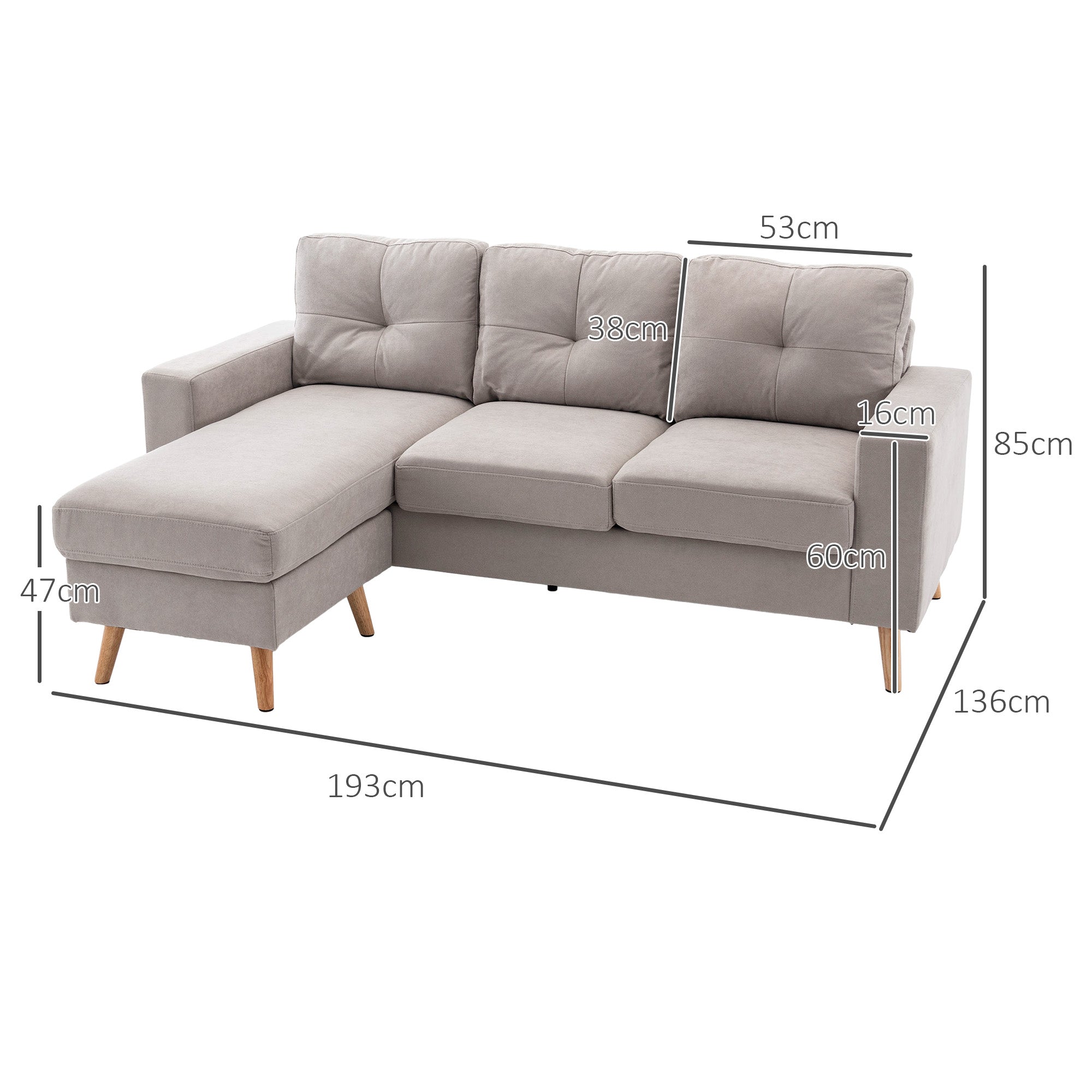 Canapé d'angle en tissu de lin, canapé 3 places, chaise longue reversible gauche ou droite, 193 cm, design scandinave, pour salon, appartement, petit espace, pieds en bois massif, gris clair
