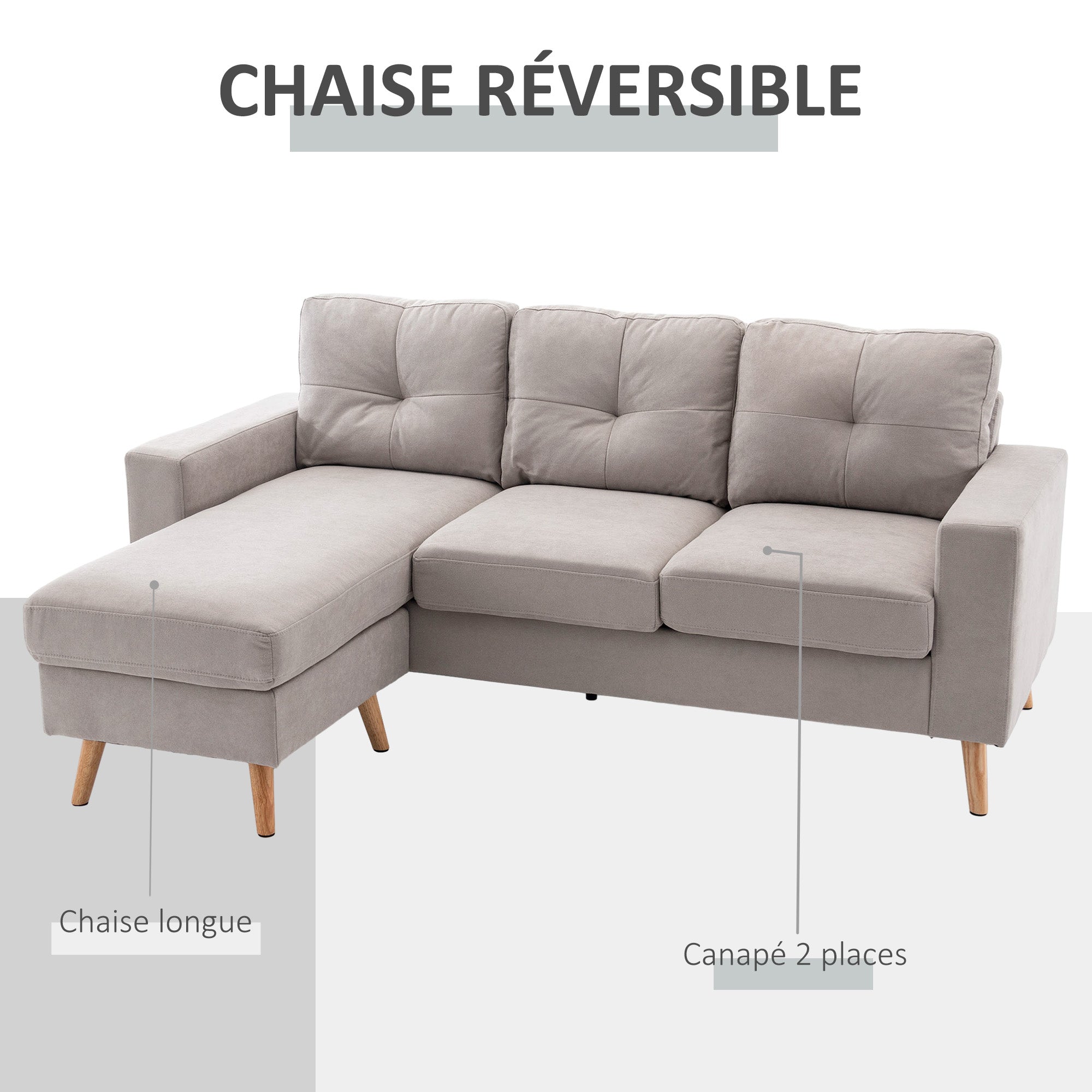 Canapé d'angle en tissu de lin, canapé 3 places, chaise longue reversible gauche ou droite, 193 cm, design scandinave, pour salon, appartement, petit espace, pieds en bois massif, gris clair