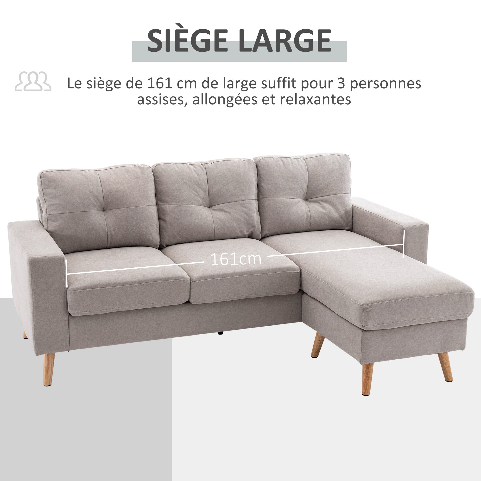Canapé d'angle en tissu de lin, canapé 3 places, chaise longue reversible gauche ou droite, 193 cm, design scandinave, pour salon, appartement, petit espace, pieds en bois massif, gris clair