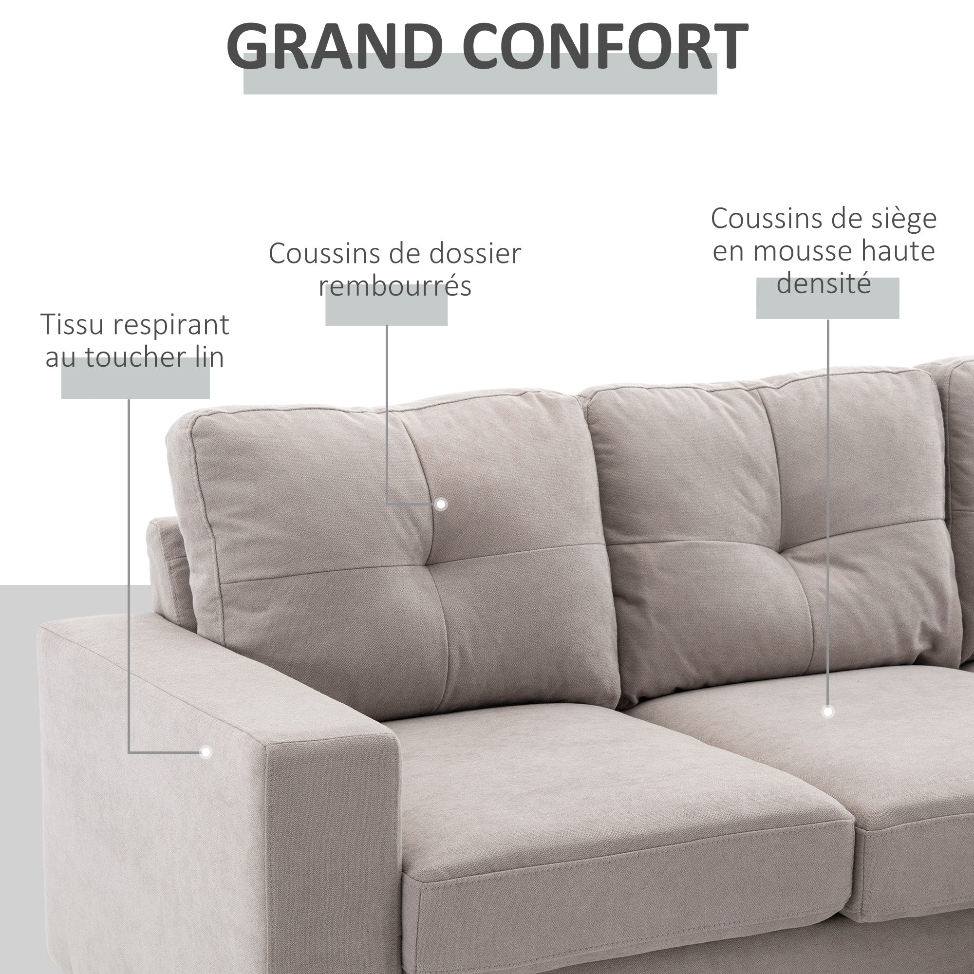 Canapé d'angle en tissu de lin, canapé 3 places, chaise longue reversible gauche ou droite, 193 cm, design scandinave, pour salon, appartement, petit espace, pieds en bois massif, gris clair