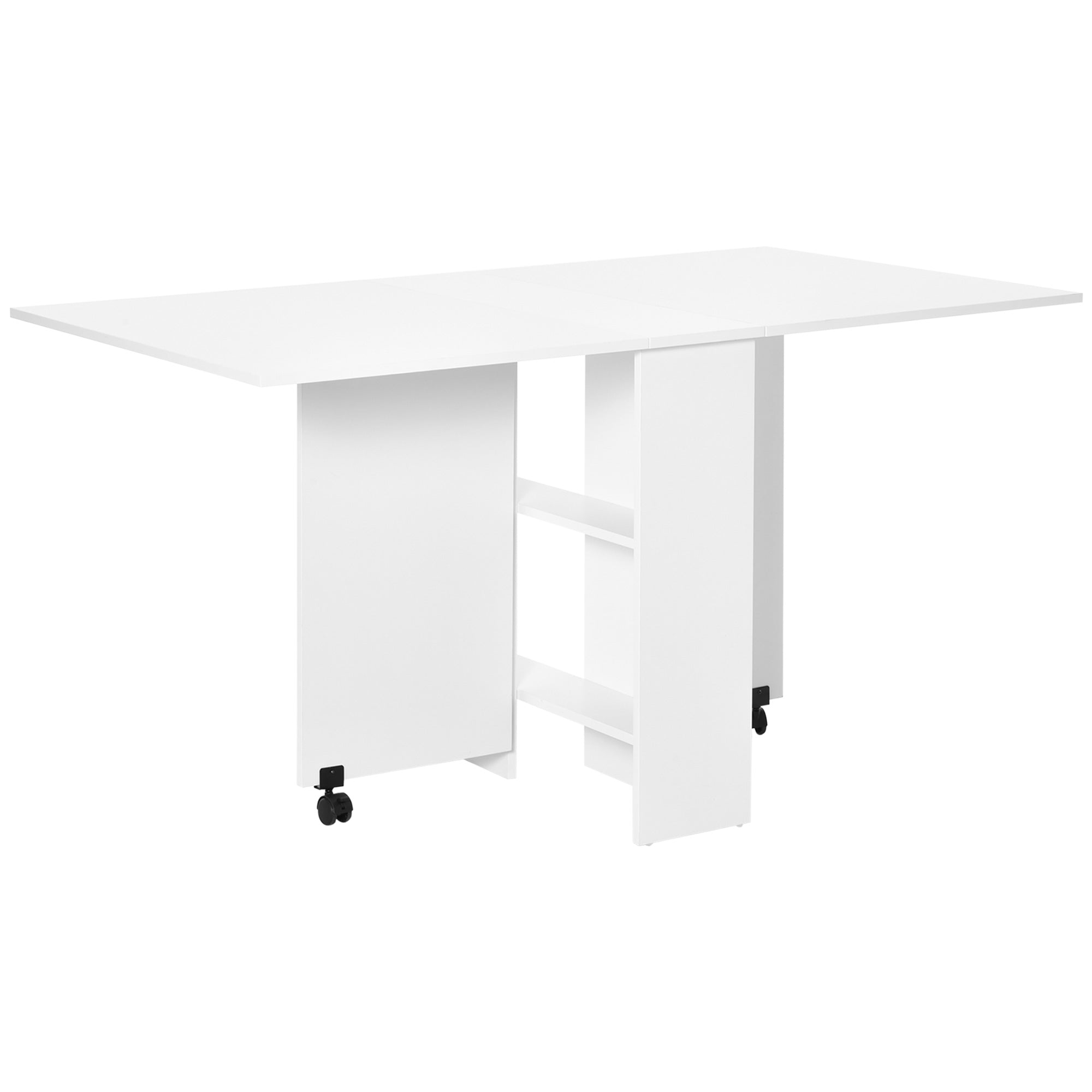 Table pliante de cuisine salle à manger amovible sur roulettes 75L x 140l x 74H cm 2 étagères intégrées en bois coloris blanc