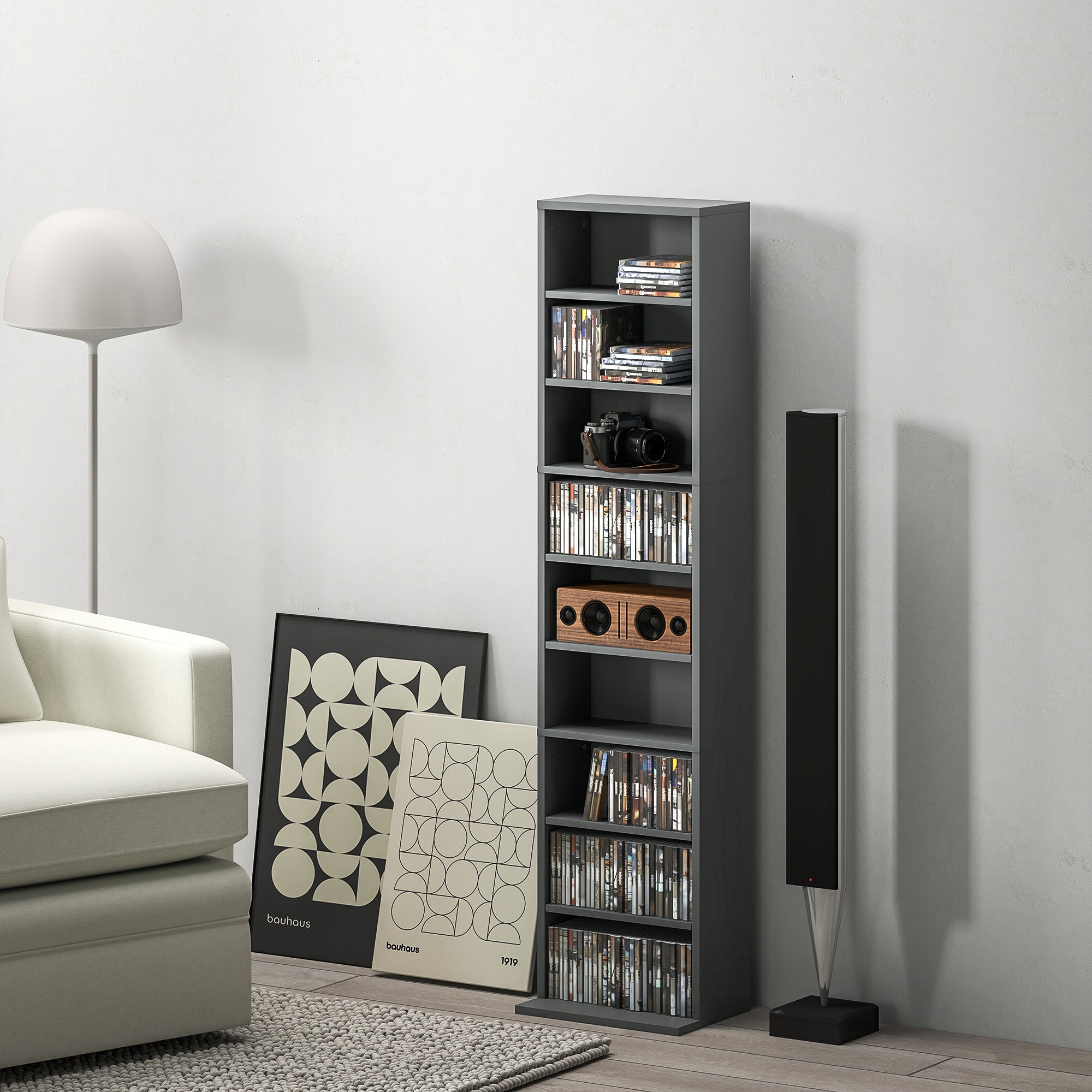 Rangements pour CD et DVD, meuble de rangement multimédia, capacité max. 260 CD/120 DVD, 9 compartiments et 6 étagères réglables, pour salon, chambre, bureau, 33 x 24 x 140 cm, gris