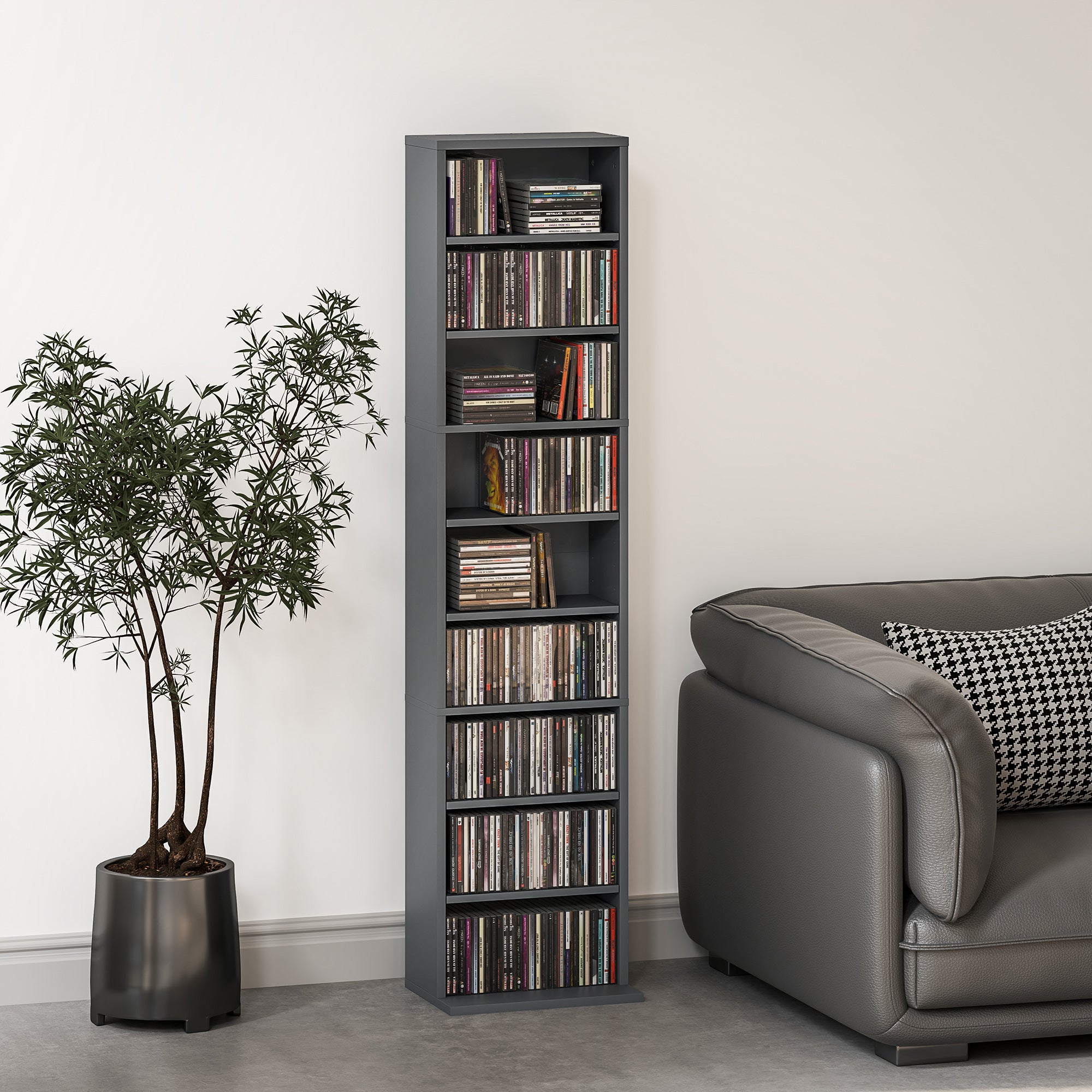 Rangements pour CD et DVD, meuble de rangement multimédia, capacité max. 260 CD/120 DVD, 9 compartiments et 6 étagères réglables, pour salon, chambre, bureau, 33 x 24 x 140 cm, gris