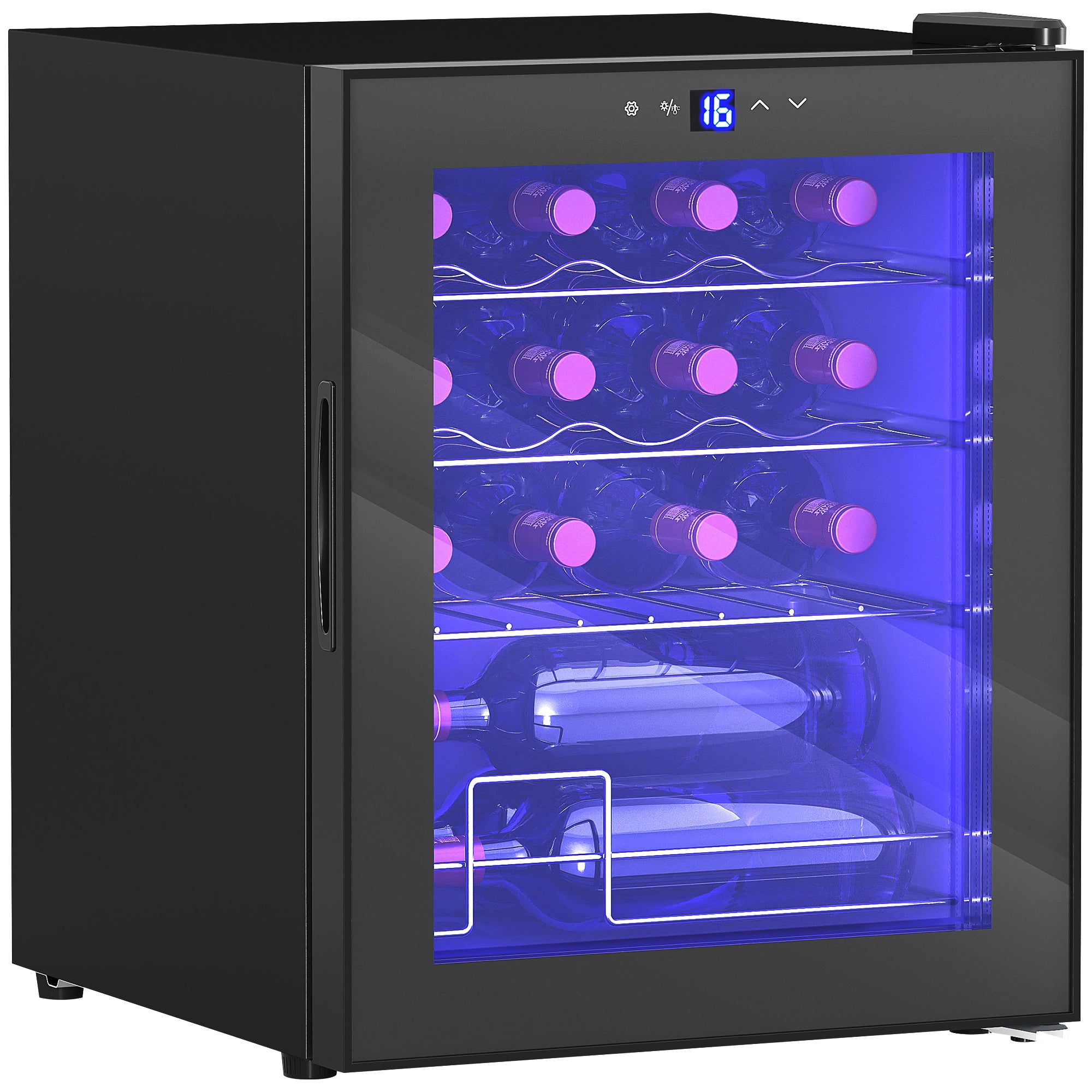 Cave à Vin 16 Bouteilles 42L, Réfrigérateur à Vin et Boissons avec Température Réglable 5-18°C, Porte en Verre Trempé, Étagères Ajustables, Écran Tactile, Éclairage LED, Noir