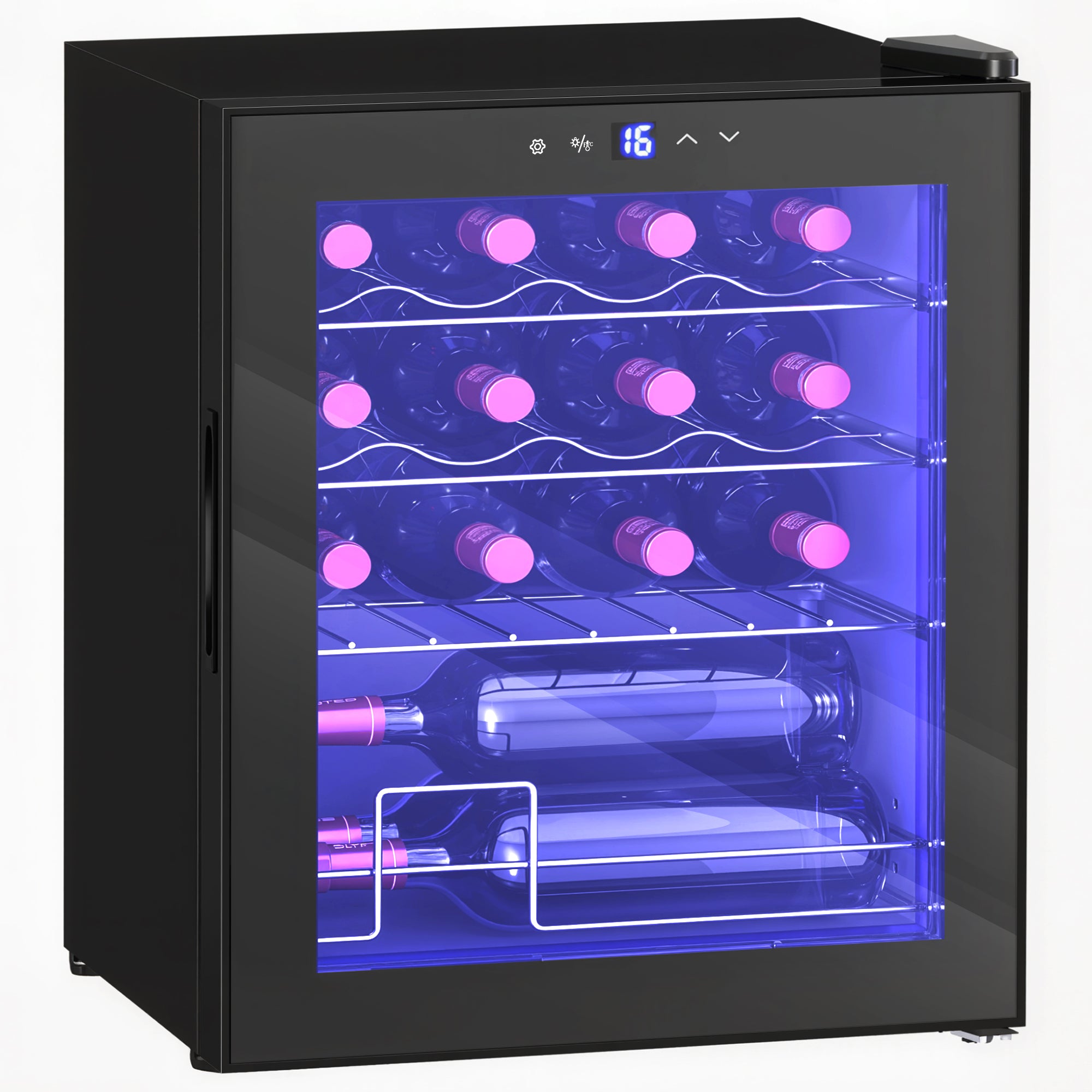 Cave à Vin 16 Bouteilles 42L, Réfrigérateur à Vin et Boissons avec Température Réglable 5-18°C, Porte en Verre Trempé, Étagères Ajustables, Écran Tactile, Éclairage LED, Noir