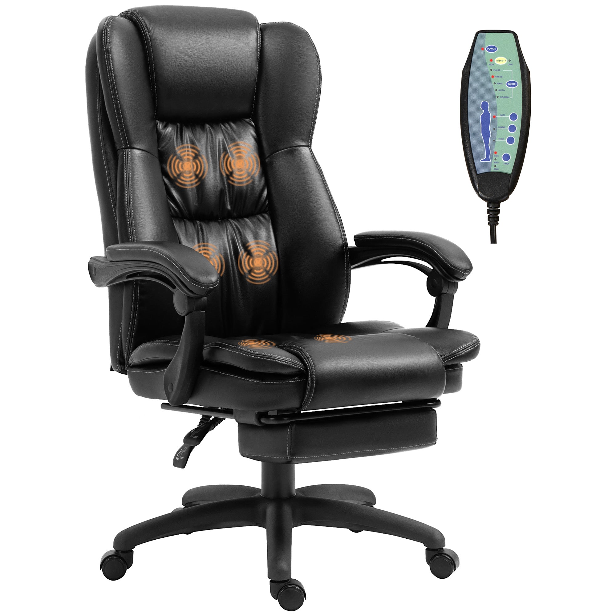 Fauteuil de bureau massant par vibrations, chaise de bureau ergonomique avec repose-pieds rétractable, hauteur réglable, dossier inclinable, télécommande filaire et pivotant à 360°, noir