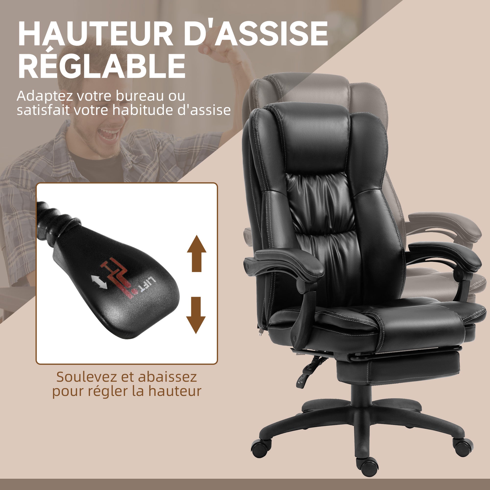 Fauteuil de bureau massant par vibrations, chaise de bureau ergonomique avec repose-pieds rétractable, hauteur réglable, dossier inclinable, télécommande filaire et pivotant à 360°, noir