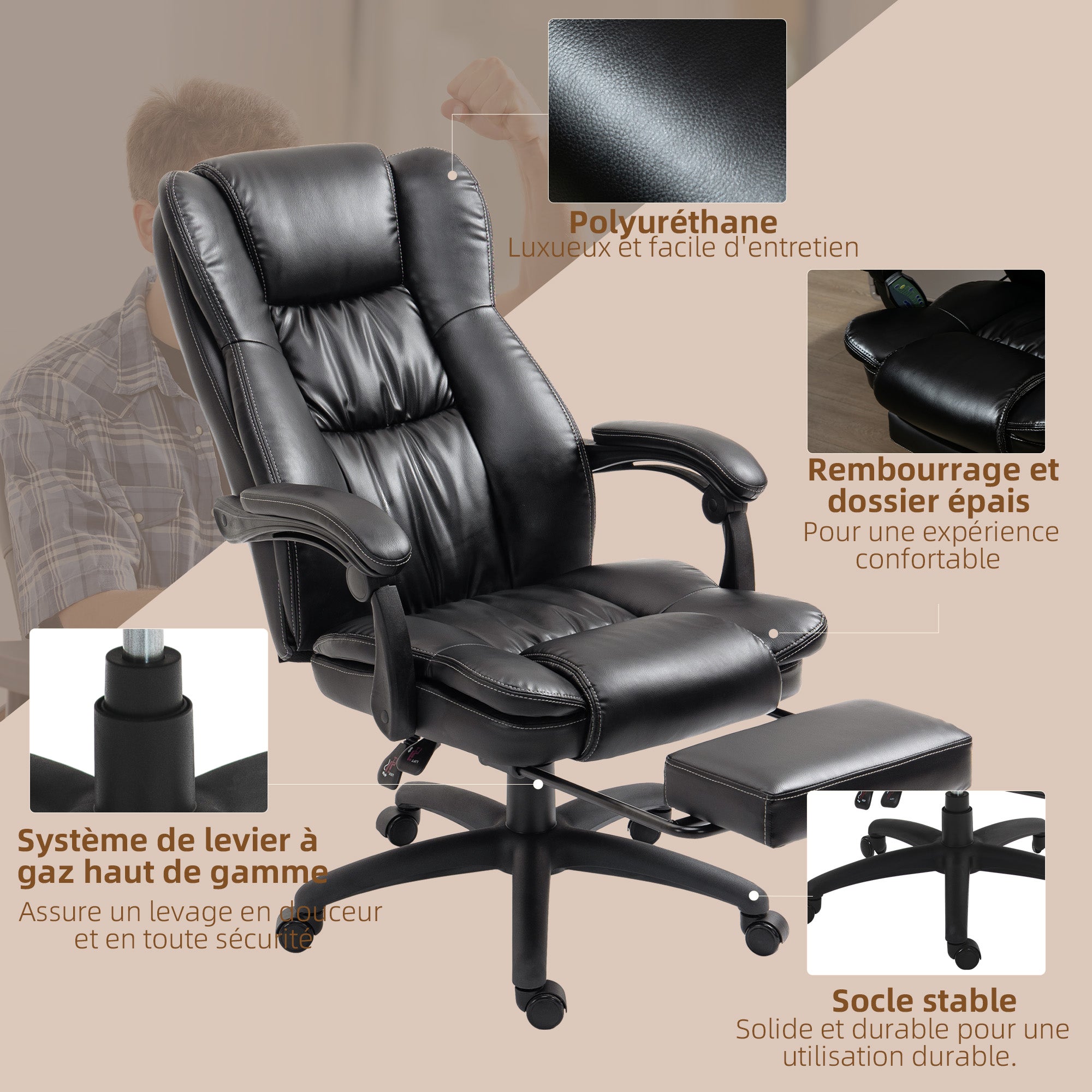 Fauteuil de bureau massant par vibrations, chaise de bureau ergonomique avec repose-pieds rétractable, hauteur réglable, dossier inclinable, télécommande filaire et pivotant à 360°, noir