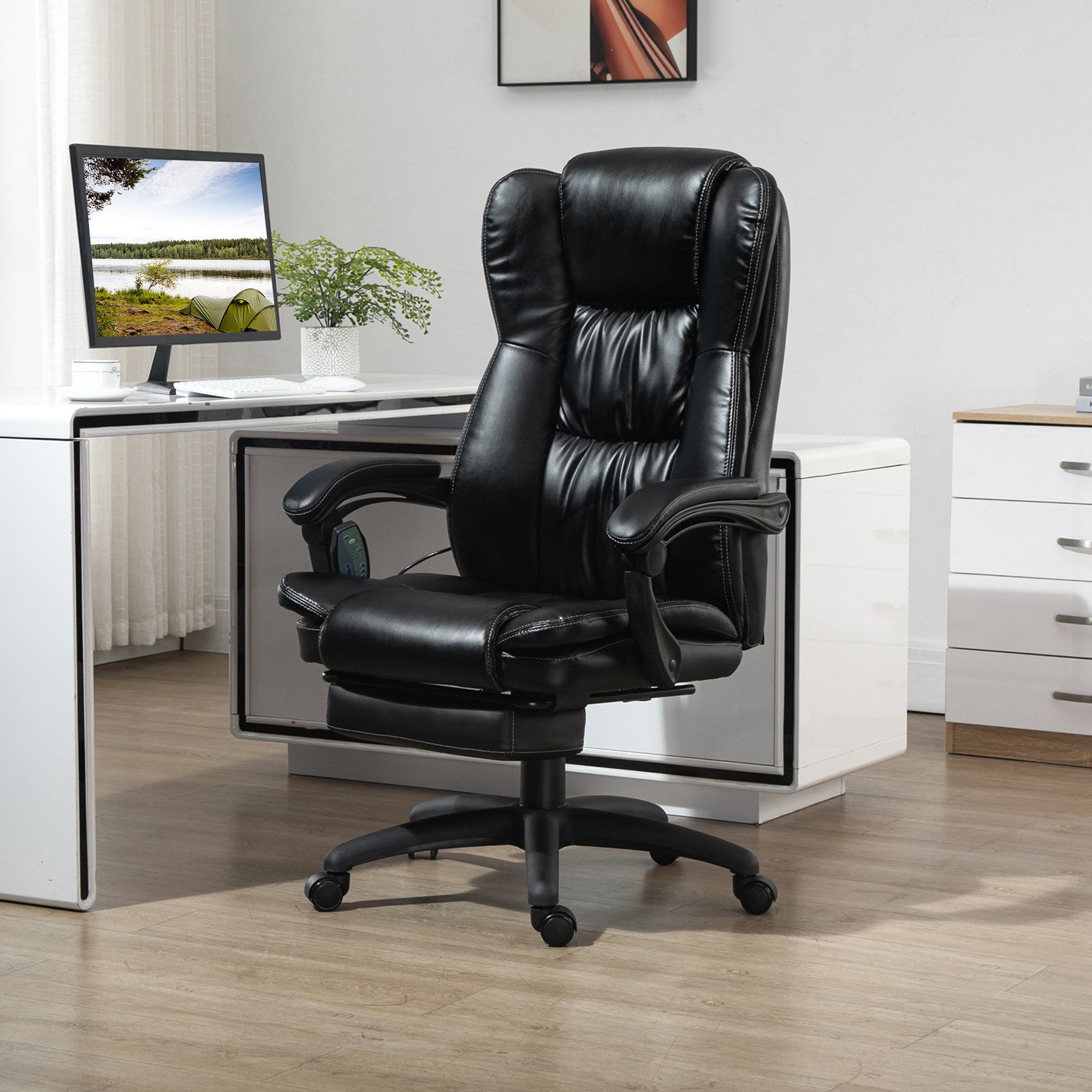 Fauteuil de bureau massant par vibrations, chaise de bureau ergonomique avec repose-pieds rétractable, hauteur réglable, dossier inclinable, télécommande filaire et pivotant à 360°, noir