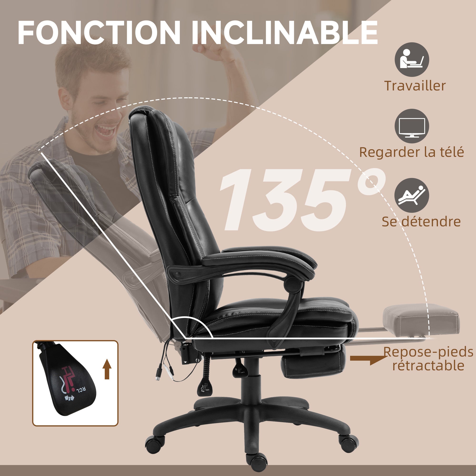 Fauteuil de bureau massant par vibrations, chaise de bureau ergonomique avec repose-pieds rétractable, hauteur réglable, dossier inclinable, télécommande filaire et pivotant à 360°, noir
