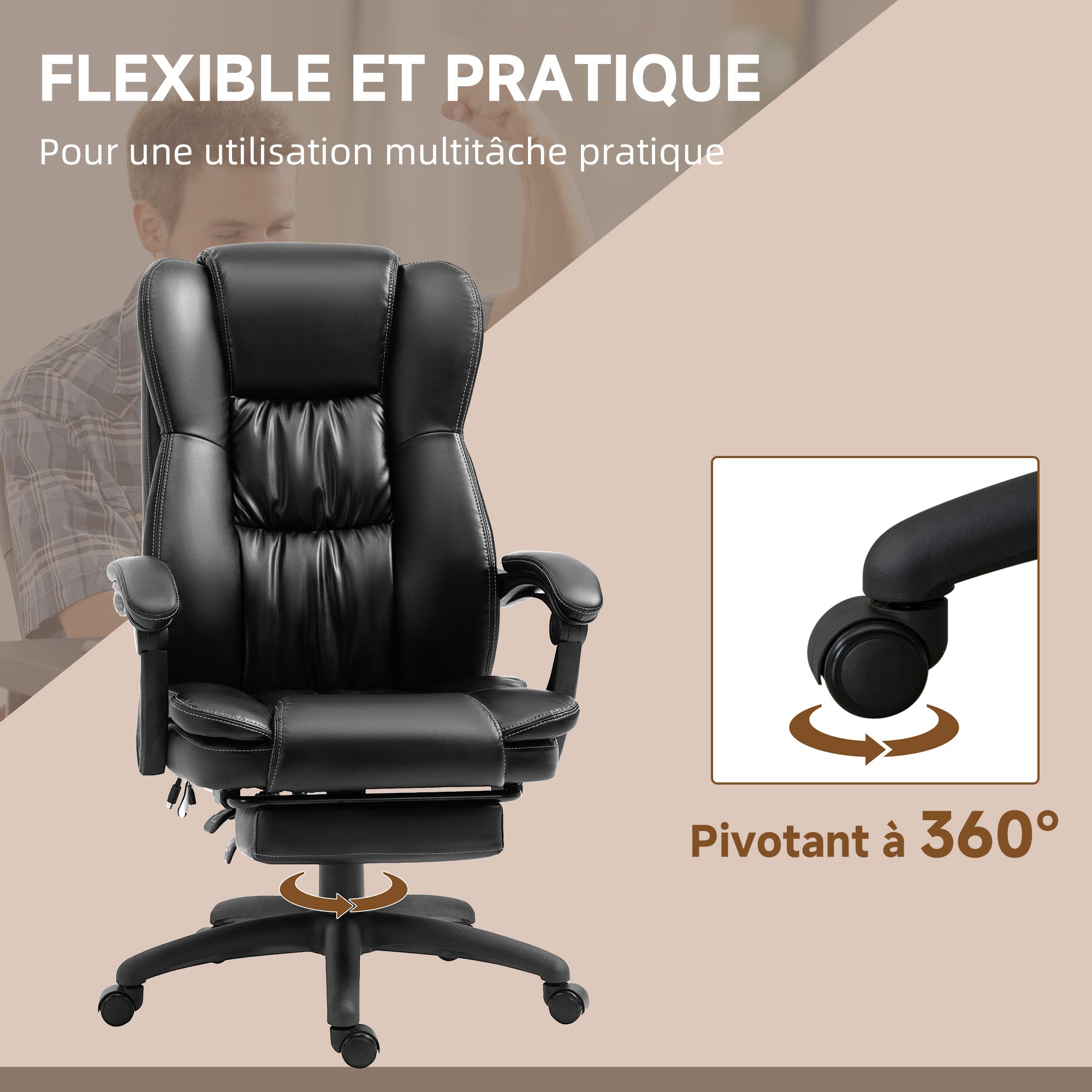 Fauteuil de bureau massant par vibrations, chaise de bureau ergonomique avec repose-pieds rétractable, hauteur réglable, dossier inclinable, télécommande filaire et pivotant à 360°, noir