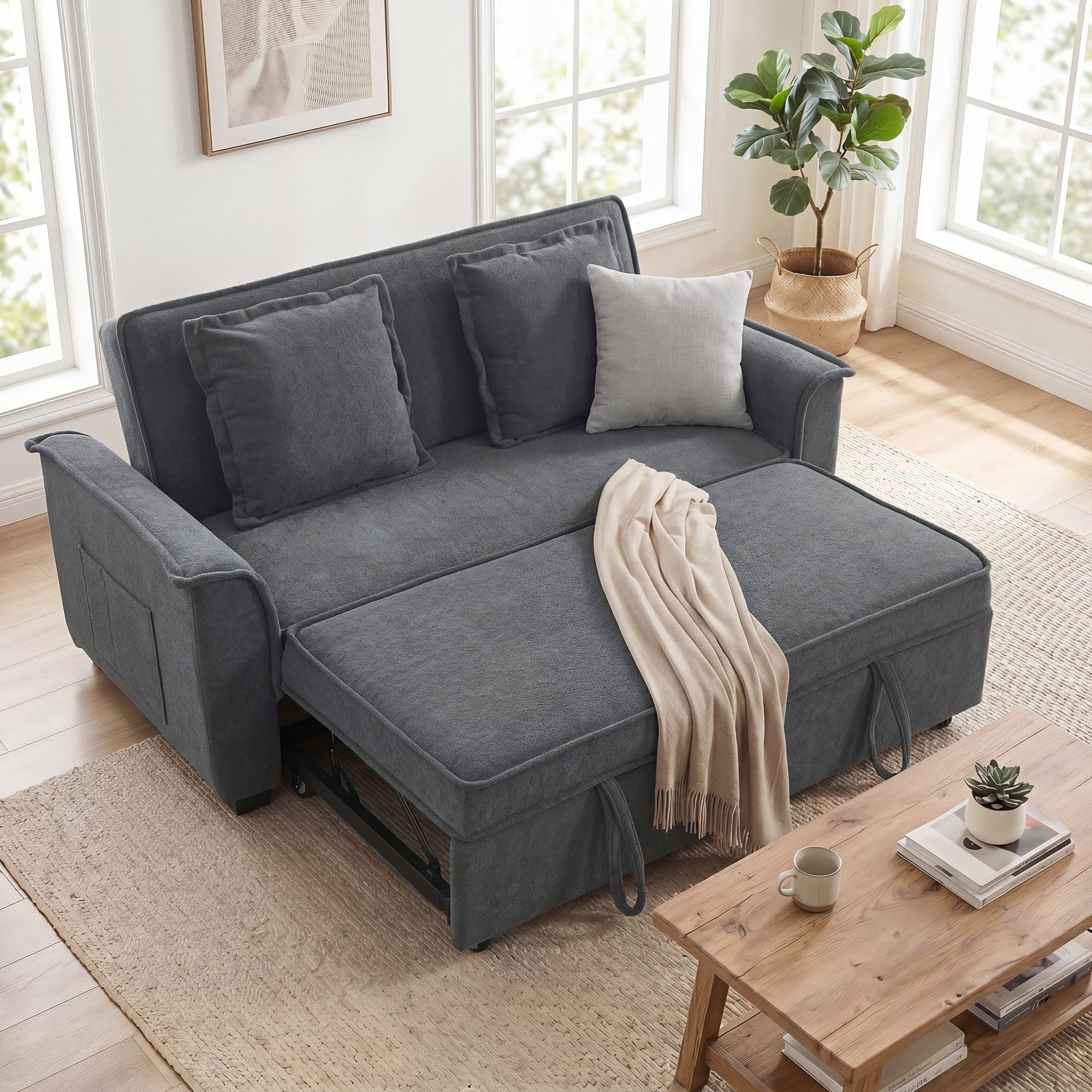 Canapé convertible 2 places, canapé-lit clic-clac en chenille 168cm, dossier réglable, ressorts ensachés, poche latérale, 2 coussins, style moderne, pour salon chambre d'amis petit espace, gris