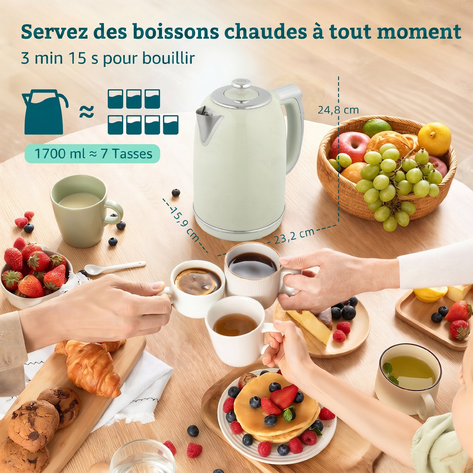 Ensemble bouilloire et grille-pain en inox, écran LED, bouilloire 2200 W 1,7 L, fonction mémoire de maintien au chaud, grille-pain 2 tranches, 6 niveaux de brunissage, plateau à miettes, gris
