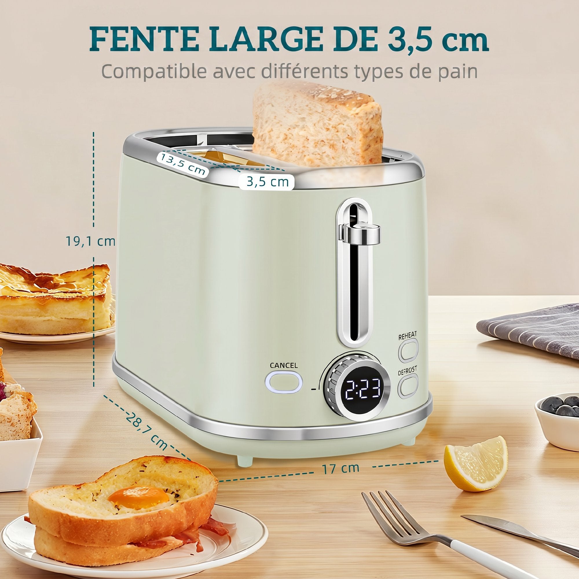 Ensemble bouilloire et grille-pain en inox, écran LED, bouilloire 2200 W 1,7 L, fonction mémoire de maintien au chaud, grille-pain 2 tranches, 6 niveaux de brunissage, plateau à miettes, gris
