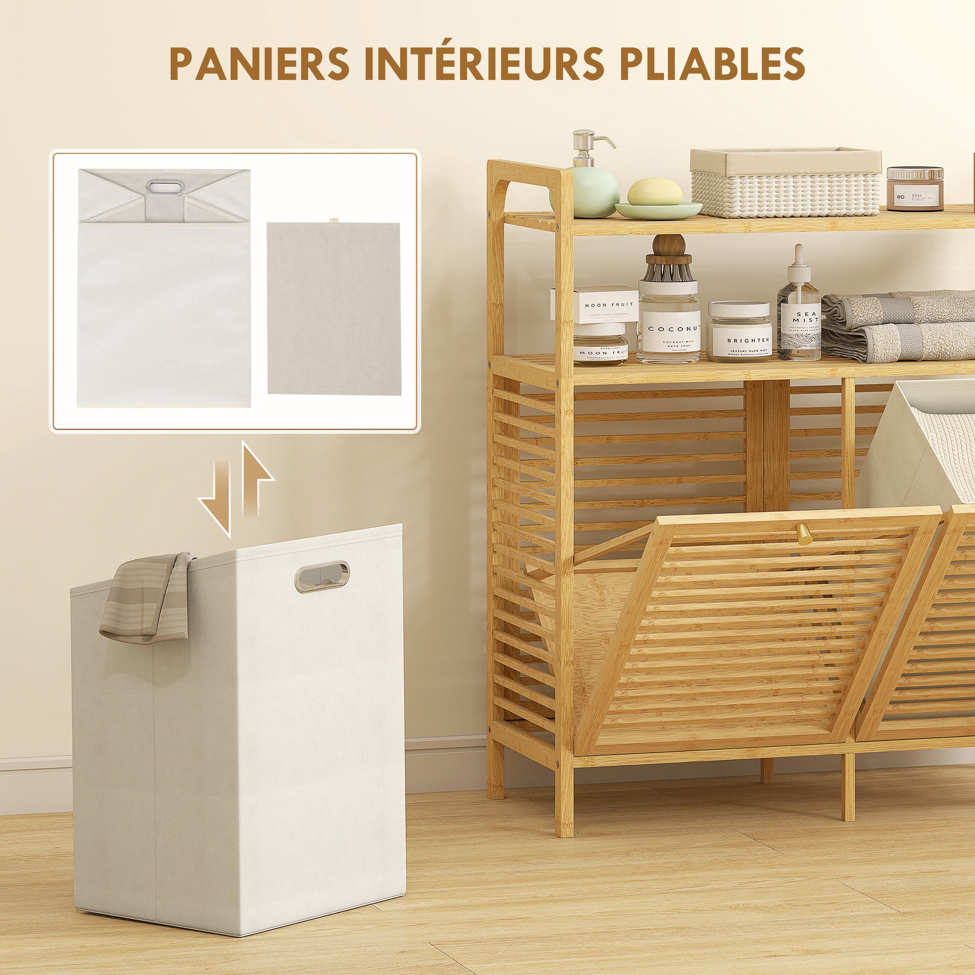 Meuble salle de bain avec panier à linge, armoire salle de bain en bambou avec 2 paniers en tissu amovibles et 2 étagères, corbeille à linge, pour toilette, buanderie, 82x33x88cm, bois naturel