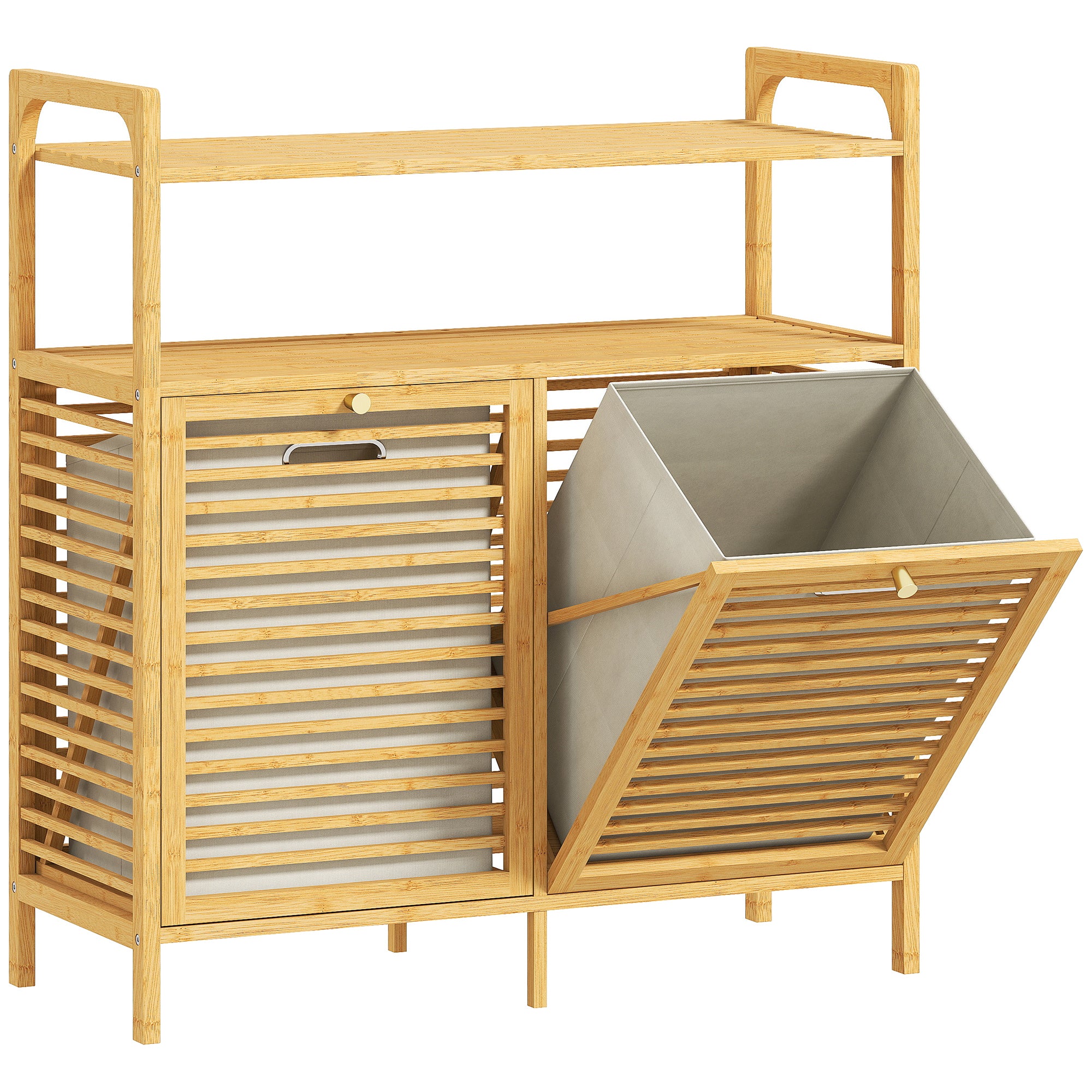 Meuble salle de bain avec panier à linge, armoire salle de bain en bambou avec 2 paniers en tissu amovibles et 2 étagères, corbeille à linge, pour toilette, buanderie, 82x33x88cm, bois naturel