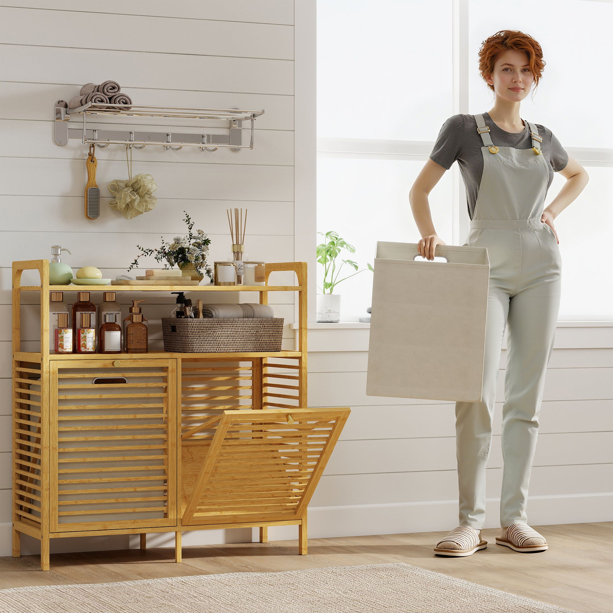Meuble salle de bain avec panier à linge, armoire salle de bain en bambou avec 2 paniers en tissu amovibles et 2 étagères, corbeille à linge, pour toilette, buanderie, 82x33x88cm, bois naturel