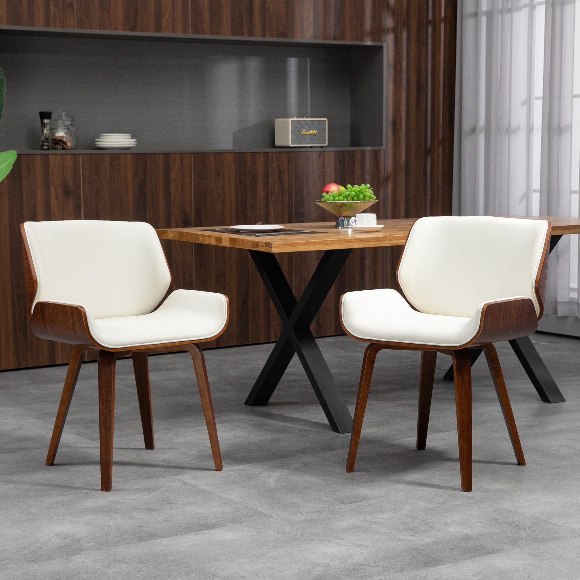 Lot de 2 chaises de salle à manger style vintage assise revêtement synthétique blanc et pieds en bois