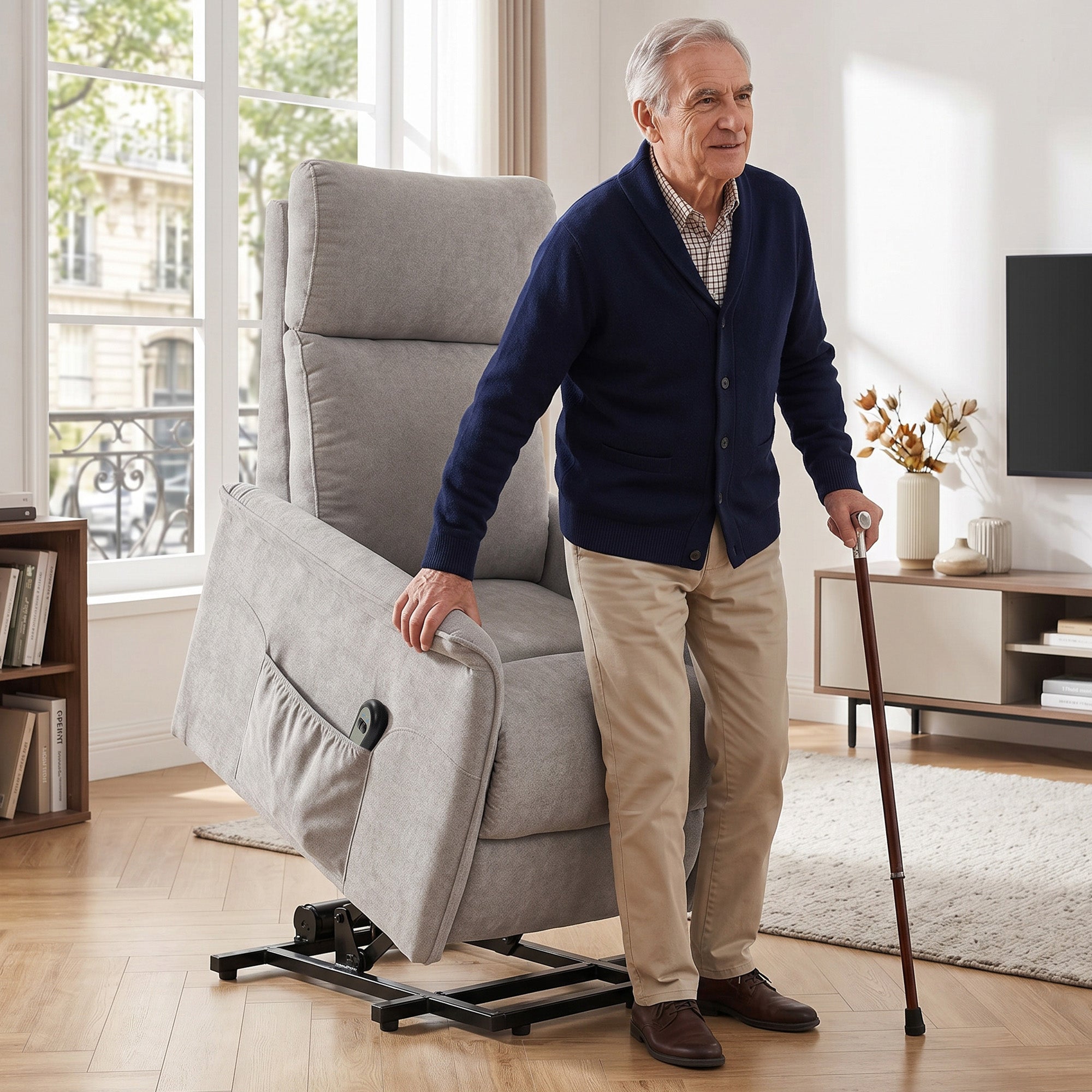 Fauteuil Releveur Électrique, Fauteuil Relax Électrique en Chenille, Dossier Inclinable, Coussin à Ressorts, Télécommande et Poches Latérales, pour Personnes Âgées, Montage Facile, Gris Clair