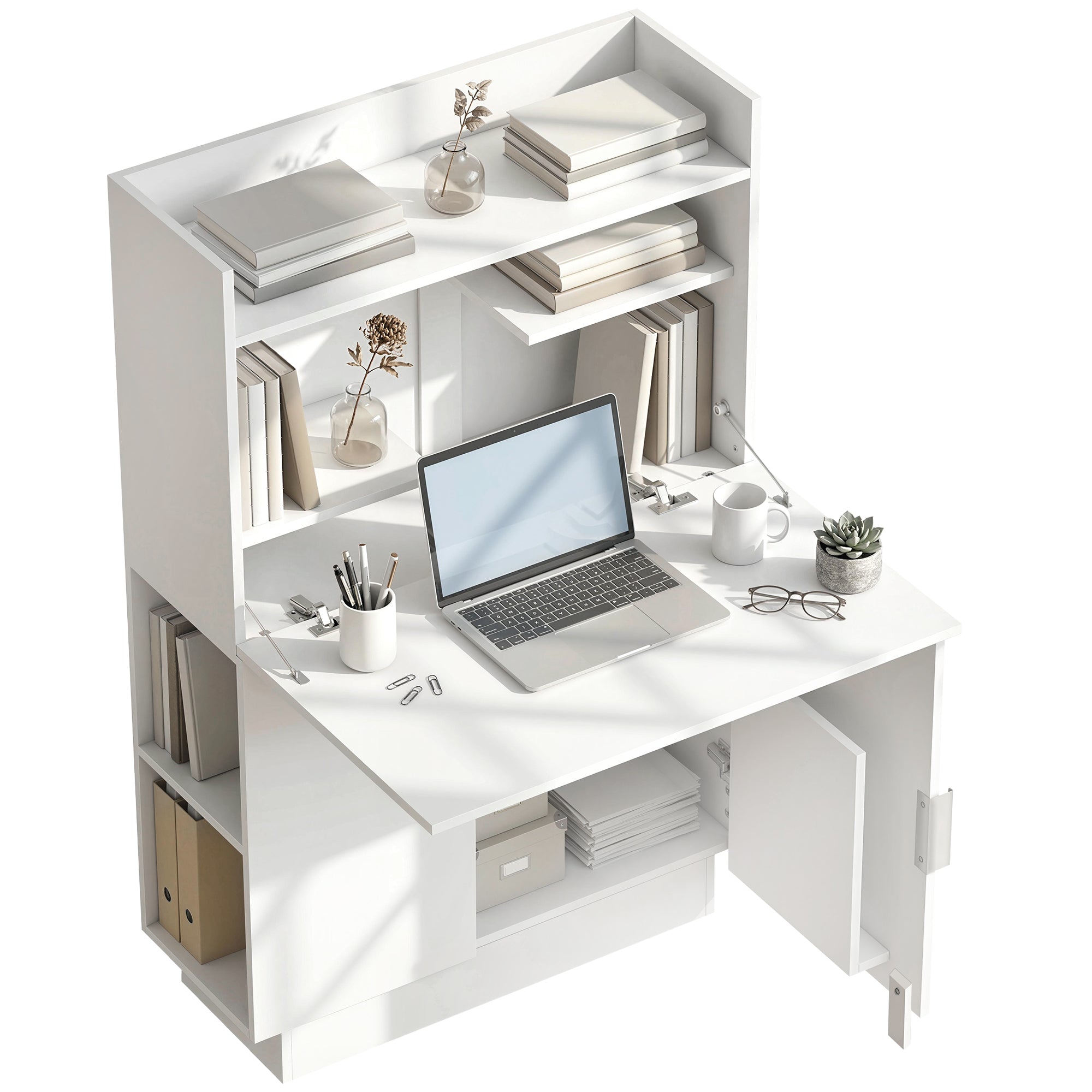 Bureau Pliant, Bureau Informatique avec Plateau Rabattable, Étagères de Rangement et Placard, Style Moderne, 80 x 30 x 128 cm, Blanc