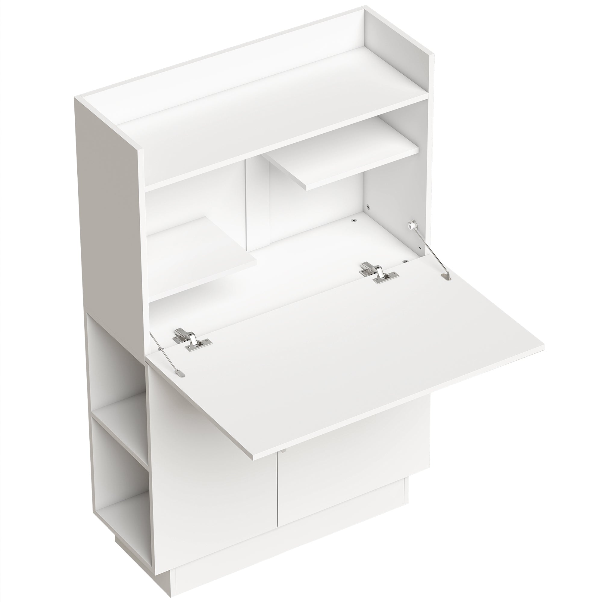 Bureau Pliant, Bureau Informatique avec Plateau Rabattable, Étagères de Rangement et Placard, Style Moderne, 80 x 30 x 128 cm, Blanc