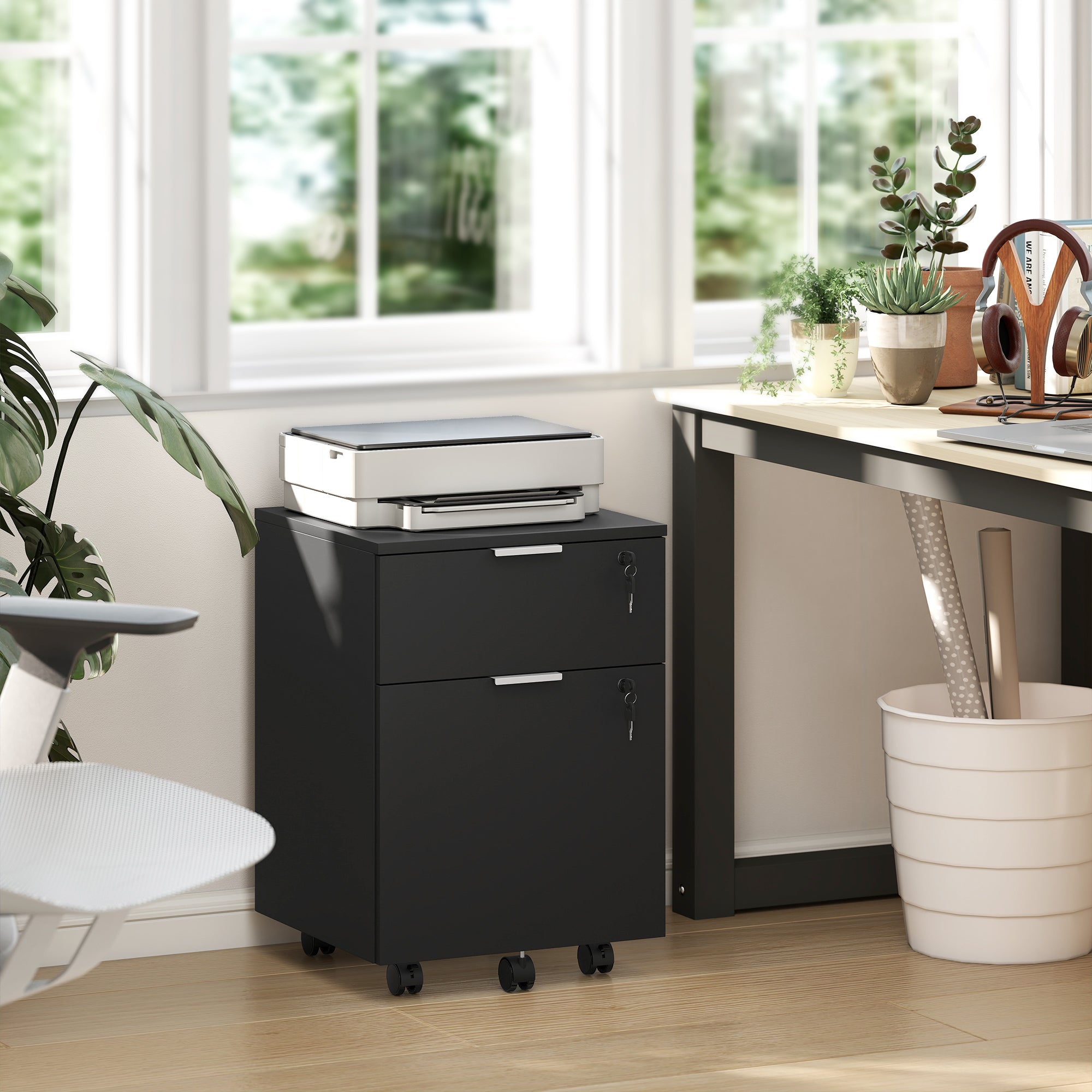 Caisson de bureau, meuble de rangement 2 tiroirs 2 barres de suspension dossier suspendu, verrouillable 2 clés, 4 roulettes 42x40x60 cm noir