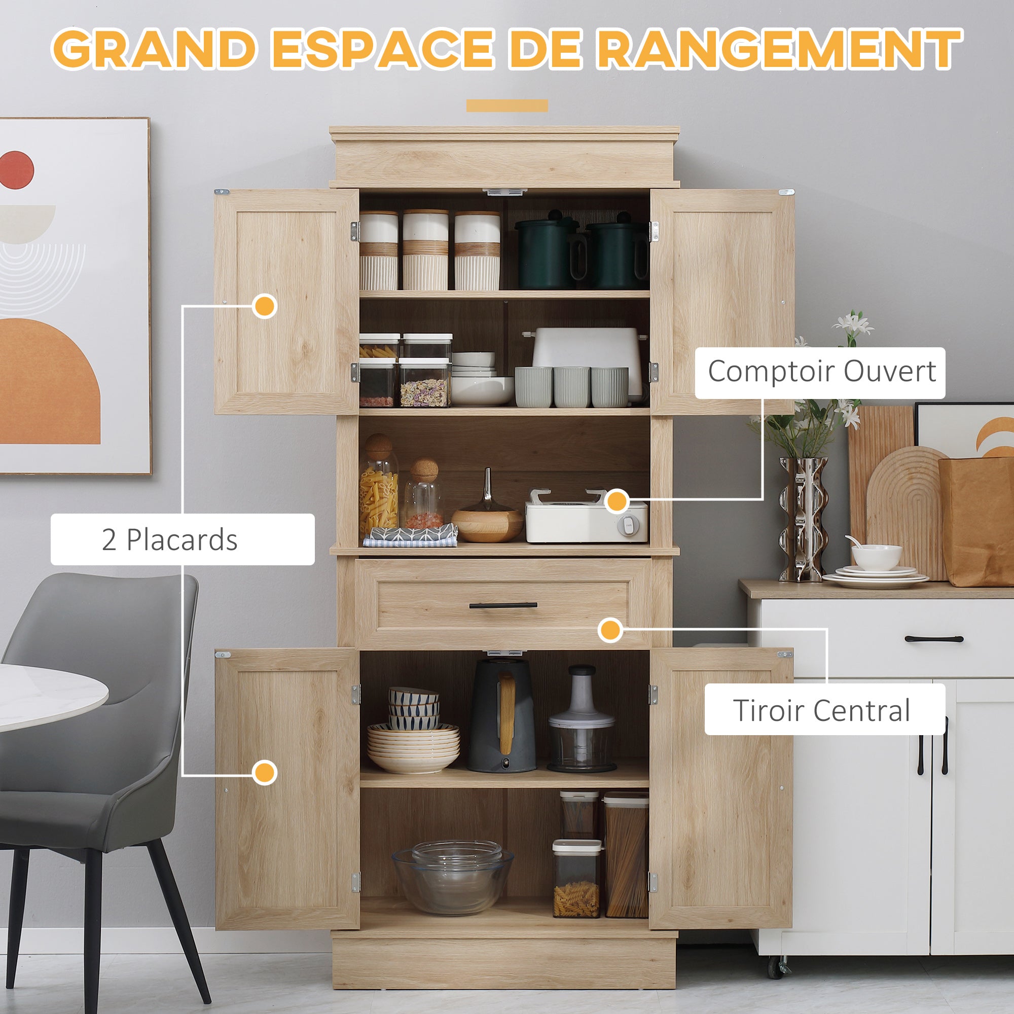 Armoire de cuisine buffet cuisine vaisselier meuble de rangement style moderne avec placards, étagères réglables, tiroir, et niche, pour salle à manger, salon, 74 x 39,5 x 183 cm, chêne clair