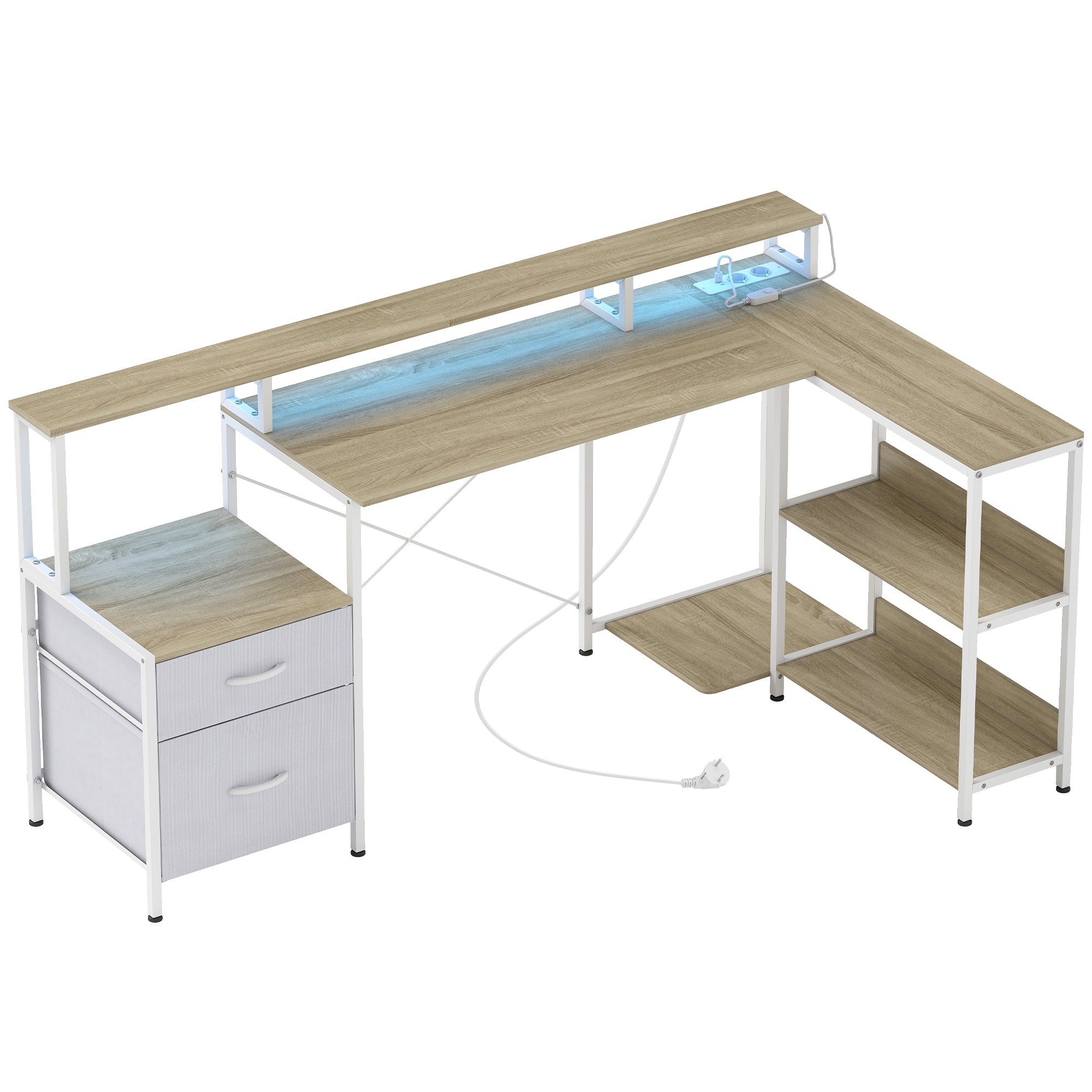 Bureau d'Angle avec Prises et Lumières LED RGB, Bureau d'Ordinateur, 172x100cm, Support d'Écran, 2 Tiroirs en Tissu, Support Imprimante, Table Informatique pour Chambre ou Coin Travail, Blanc