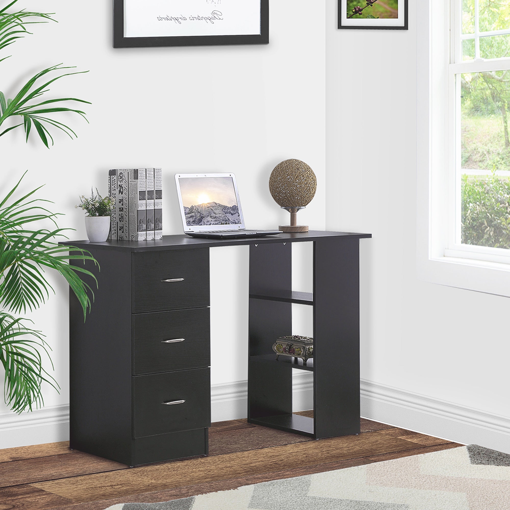 Bureau avec rangement, table informatique 120 x 50 cm, bureau d'ordinateur avec étagères et tiroirs, pour petits espaces, chambre à coucher, noir
