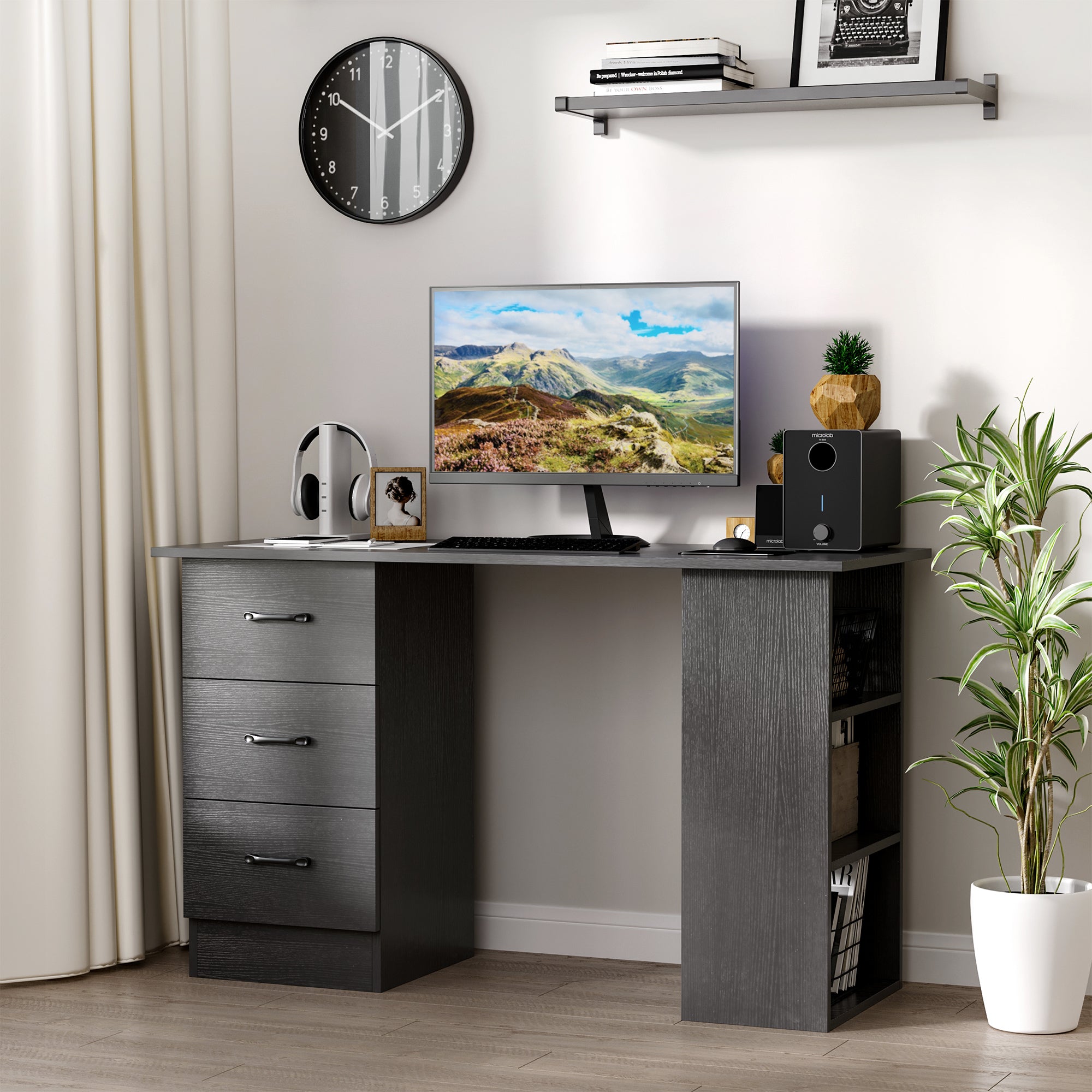 Bureau avec rangement, table informatique 120 x 50 cm, bureau d'ordinateur avec étagères et tiroirs, pour petits espaces, chambre à coucher, noir