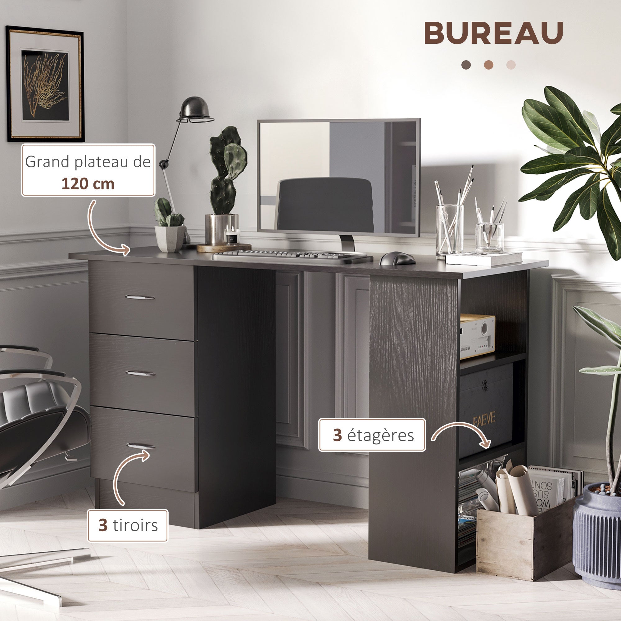 Bureau avec rangement, table informatique 120 x 50 cm, bureau d'ordinateur avec étagères et tiroirs, pour petits espaces, chambre à coucher, noir