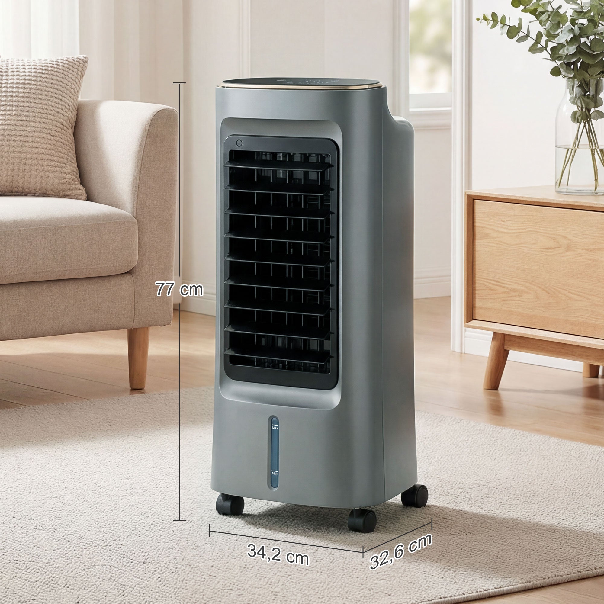 Refroidisseur d'air mobile 4 en 1 humidificateur, purificateur et ventilateur, oscillation 90°, 4 vitesses, 3 modes, réservoir d'eau 6L, packs de glace, télécommande, pour chambre bureau, gris
