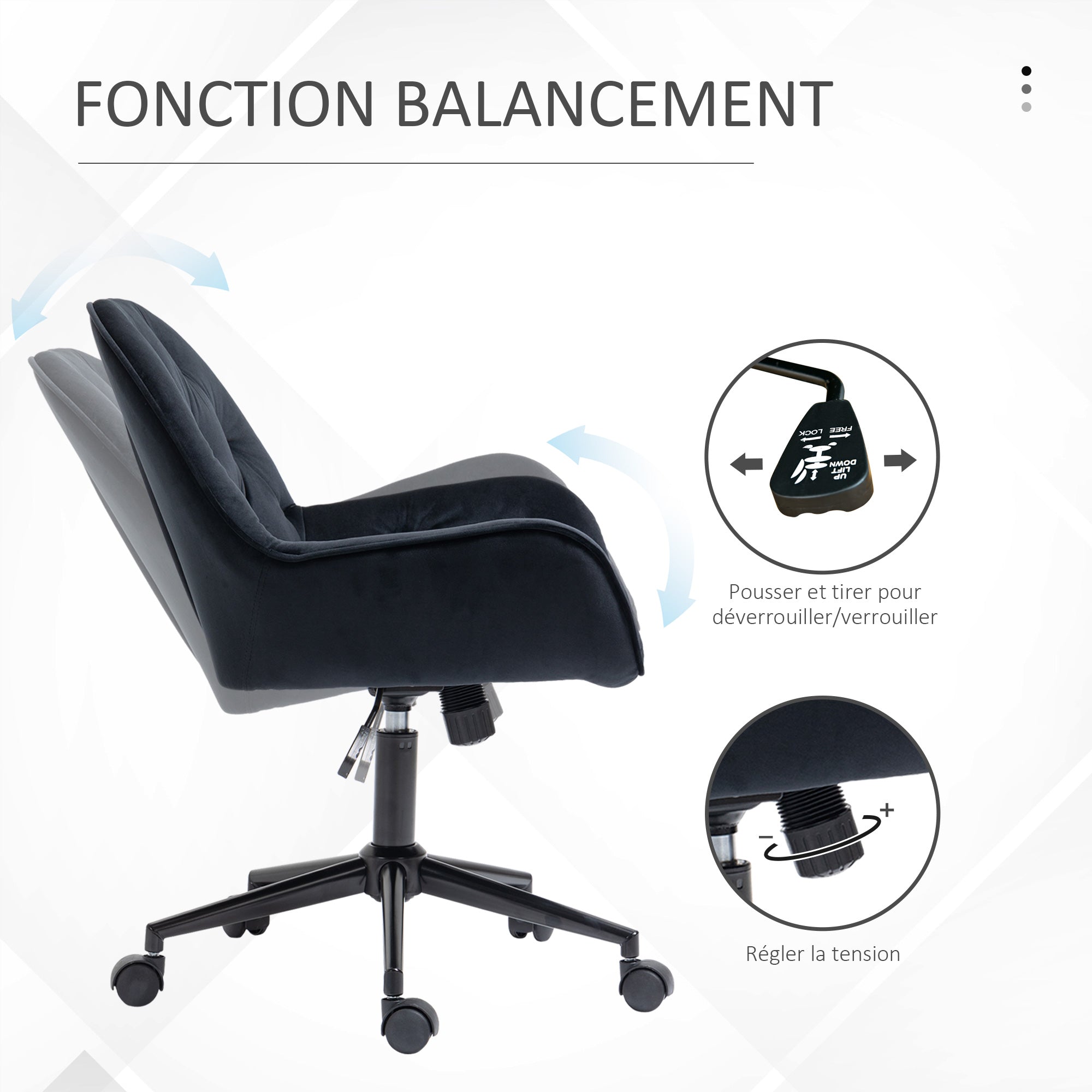 Chaise de bureau, fauteuil de bureau en aspect velours, siège pivotant à 360°, réglable en hauteur, dossier arrondi chaise ergonomique charge 120 kg pour chambre, salon, noir