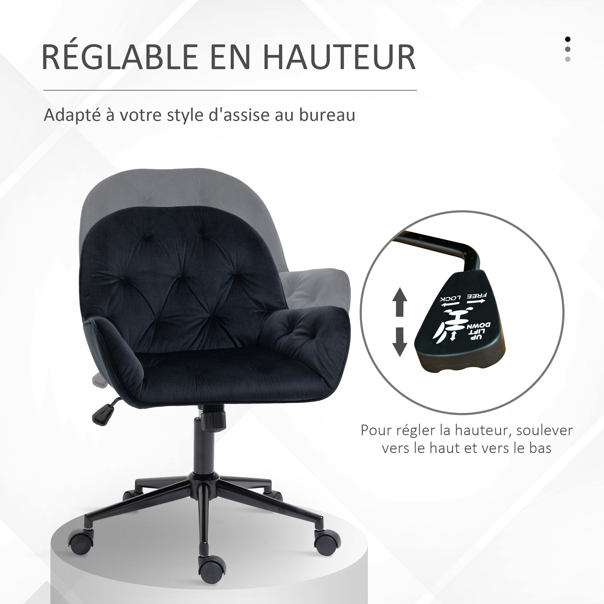 Chaise de bureau, fauteuil de bureau en aspect velours, siège pivotant à 360°, réglable en hauteur, dossier arrondi chaise ergonomique charge 120 kg pour chambre, salon, noir