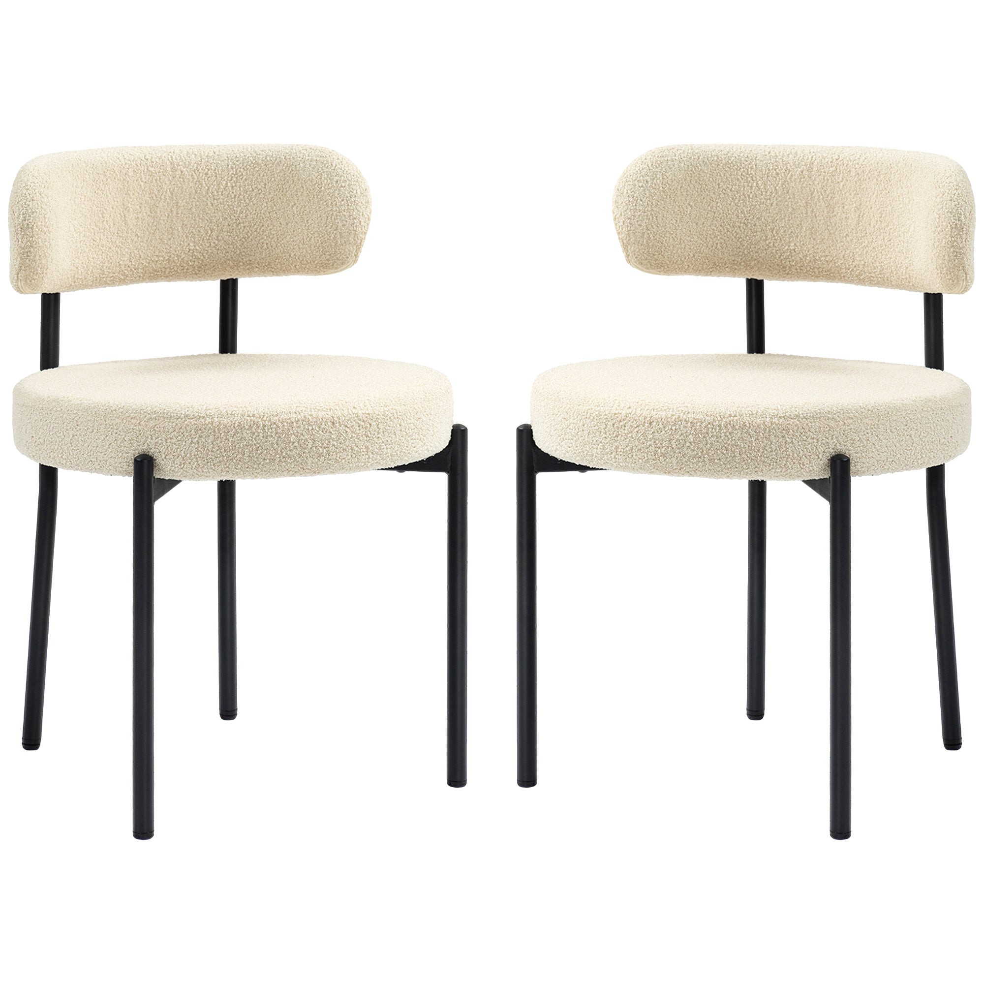 Lot de 2 chaises salle à manger chaise de cuisine moderne chaise de salon rembourrée en tissu effet laine boucleé avec dossier et pieds en acier noir, pour salon chambre, beige