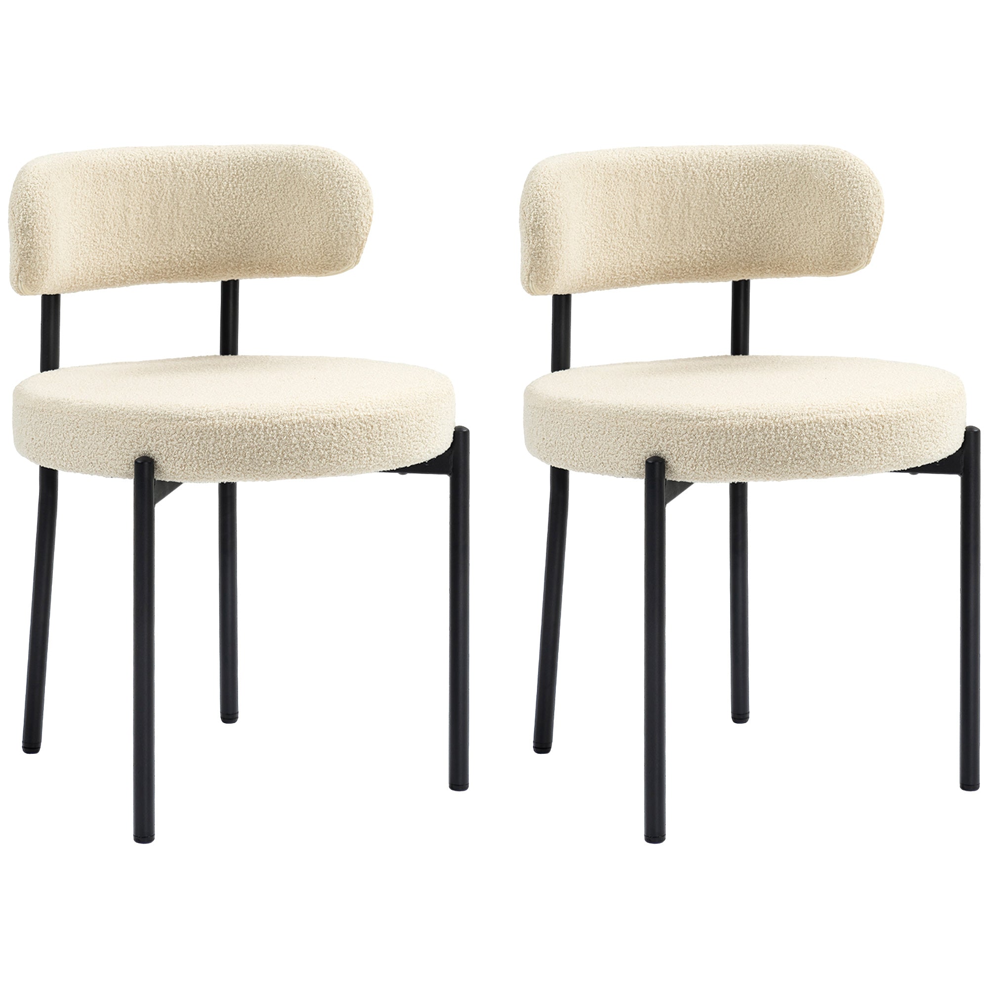 Lot de 2 chaises salle à manger chaise de cuisine moderne chaise de salon rembourrée en tissu effet laine boucleé avec dossier et pieds en acier noir, pour salon chambre, beige