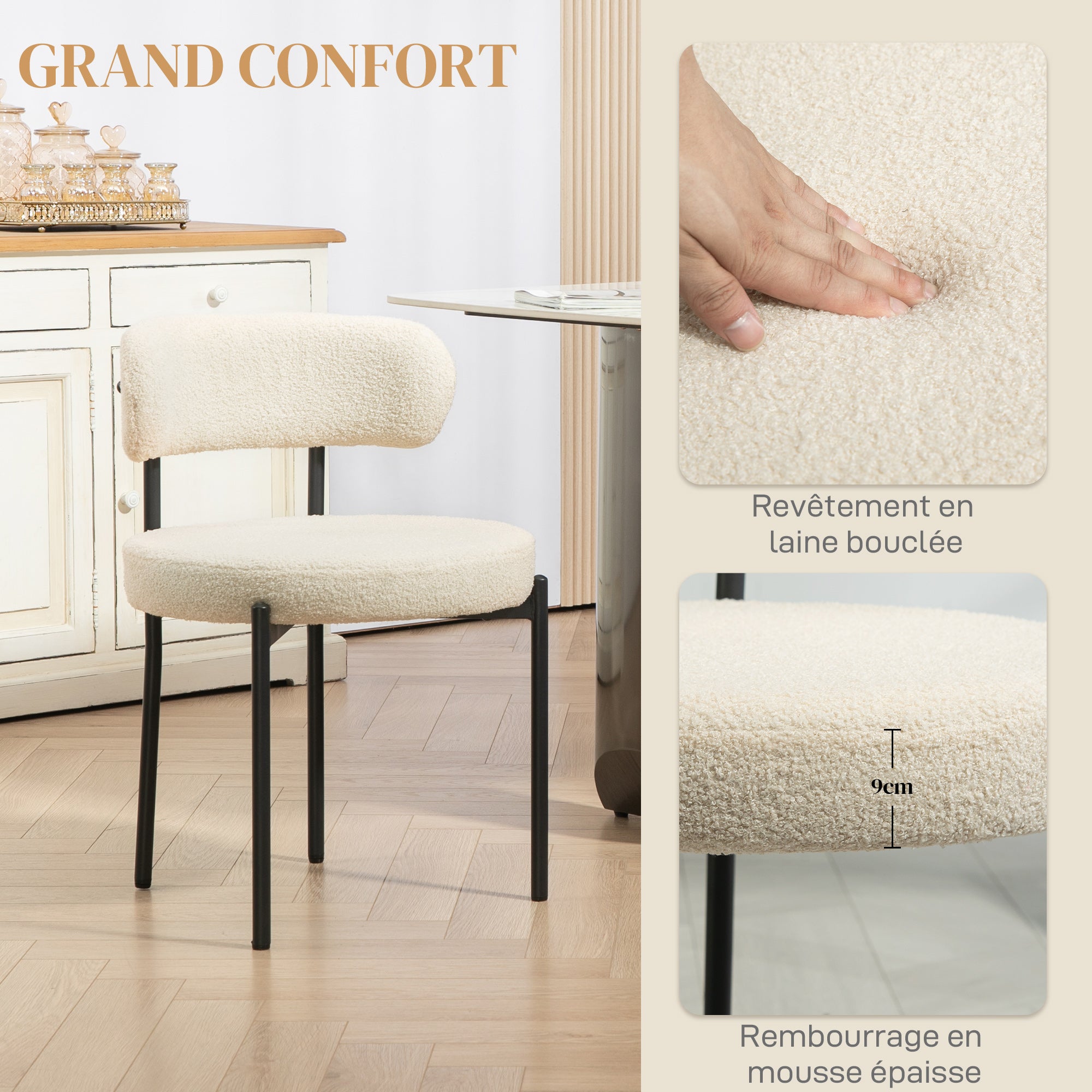 Lot de 2 chaises salle à manger chaise de cuisine moderne chaise de salon rembourrée en tissu effet laine boucleé avec dossier et pieds en acier noir, pour salon chambre, beige