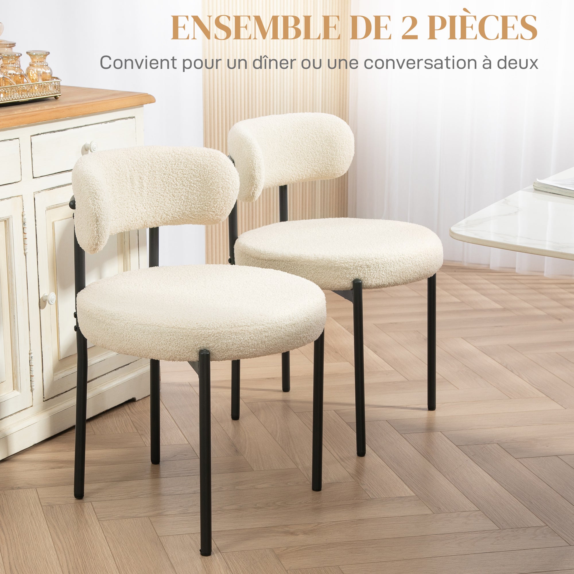 Lot de 2 chaises salle à manger chaise de cuisine moderne chaise de salon rembourrée en tissu effet laine boucleé avec dossier et pieds en acier noir, pour salon chambre, beige
