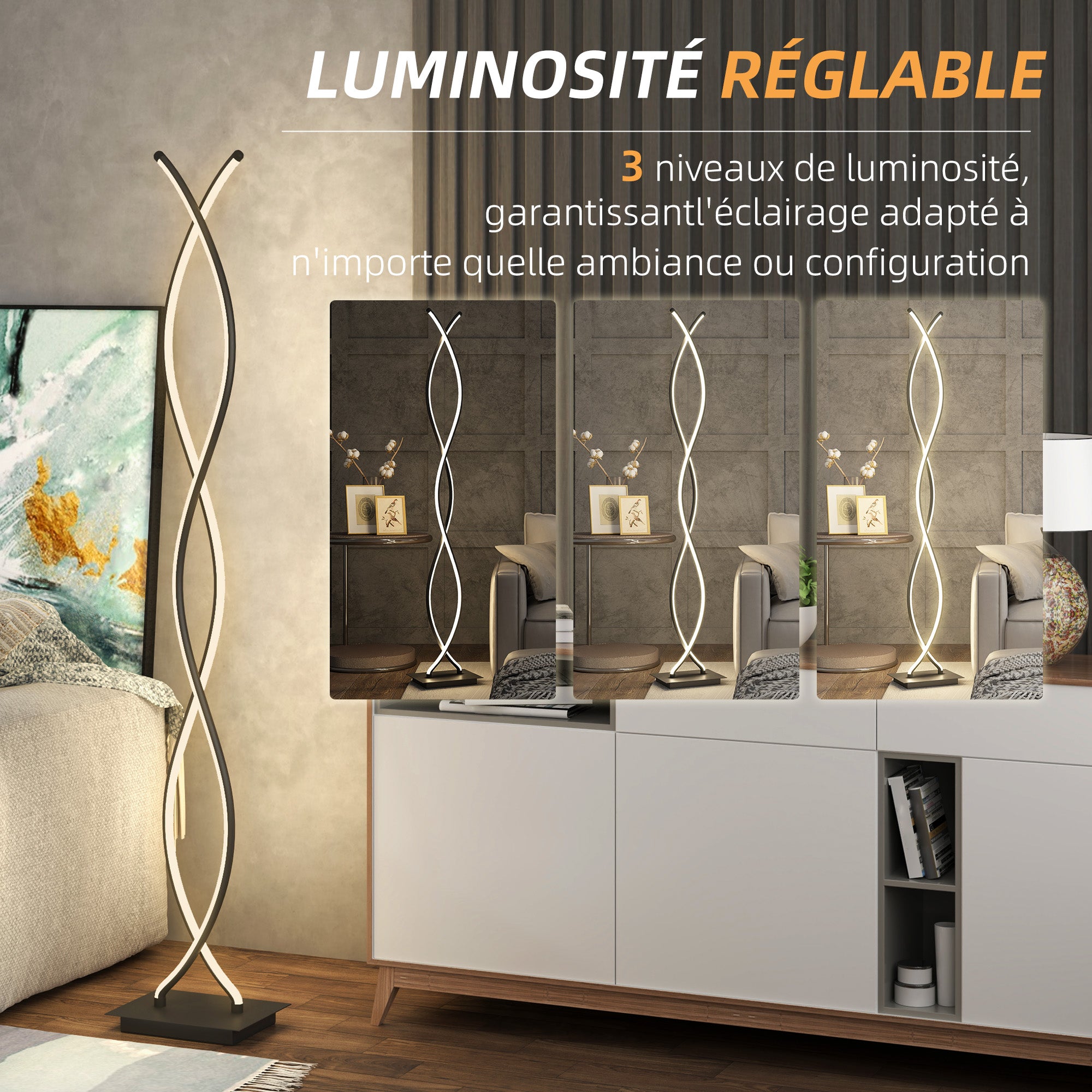 Lampadaire sur pied salon, lampe salon 3 niveaux de luminosité réglables, lampe sur pied moderne à double spirale avec interrupteur à pied, lampadaire salon, chambre à coucher, noir