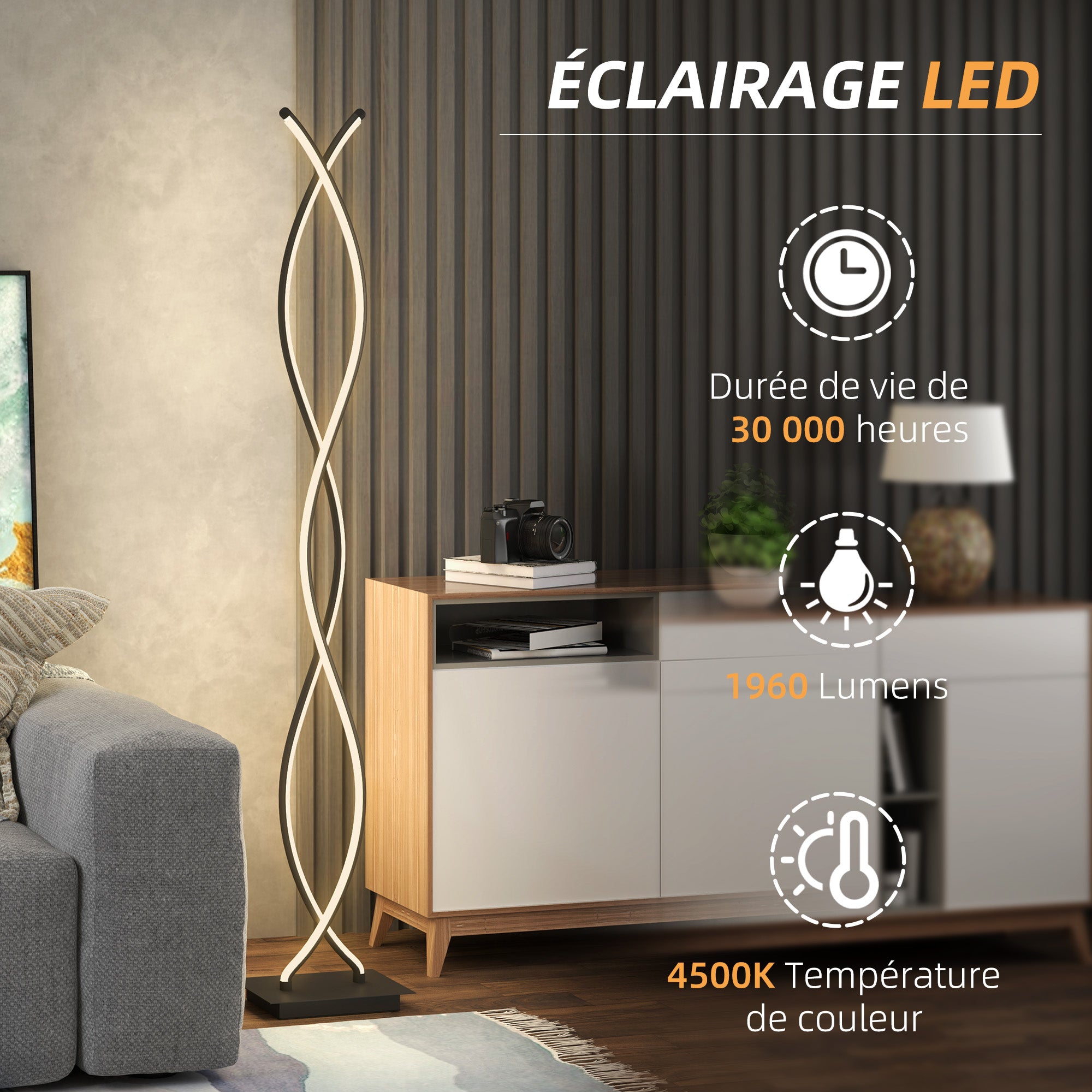 Lampadaire sur pied salon, lampe salon 3 niveaux de luminosité réglables, lampe sur pied moderne à double spirale avec interrupteur à pied, lampadaire salon, chambre à coucher, noir