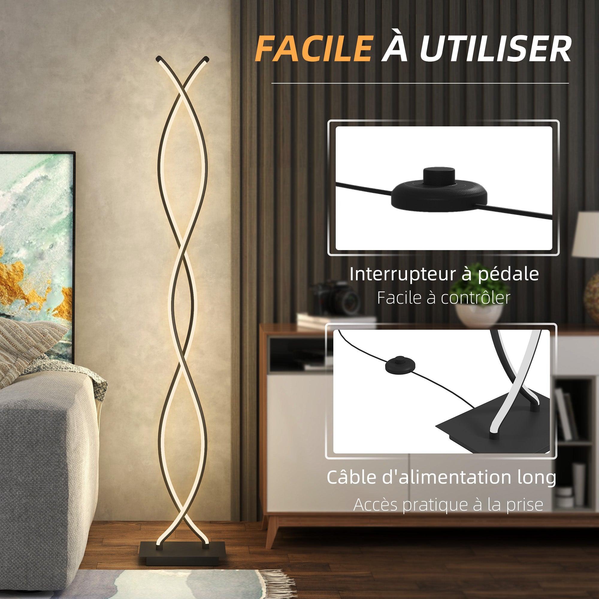 Lampadaire sur pied salon, lampe salon 3 niveaux de luminosité réglables, lampe sur pied moderne à double spirale avec interrupteur à pied, lampadaire salon, chambre à coucher, noir