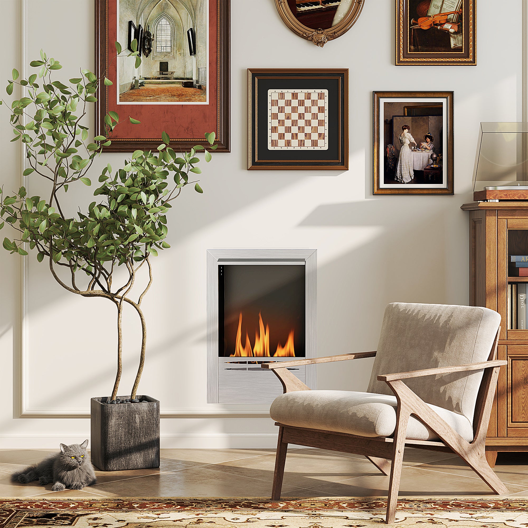 Cheminée bioéthanol encastrable, cheminée à l'éthanol avec volume de 0,9 litre, environ 3,3 h durée de combustion, poêle bioéthanol en acier inoxydable et verre trempé, 48 x 18 x 59 cm, argent