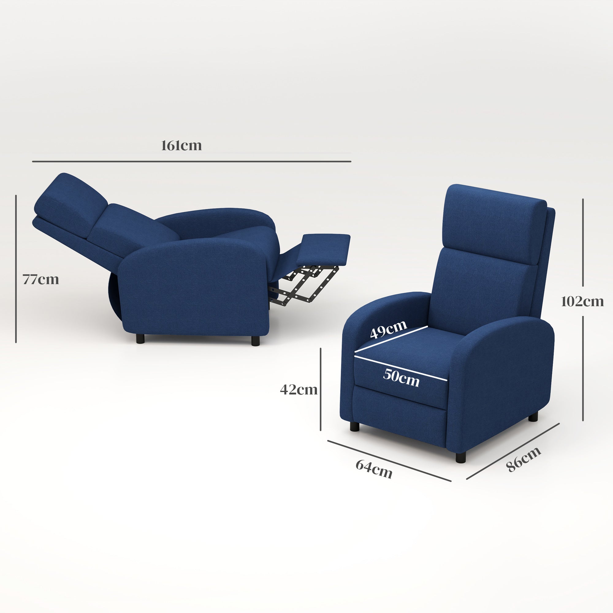Fauteuil relax fauteuil de relaxation inclinable salon avec dossier réglable jusqu'à 160° manuellement, repose-pieds intégré pour salon chambre bureau home cinéma, charge 120 kg, bleu