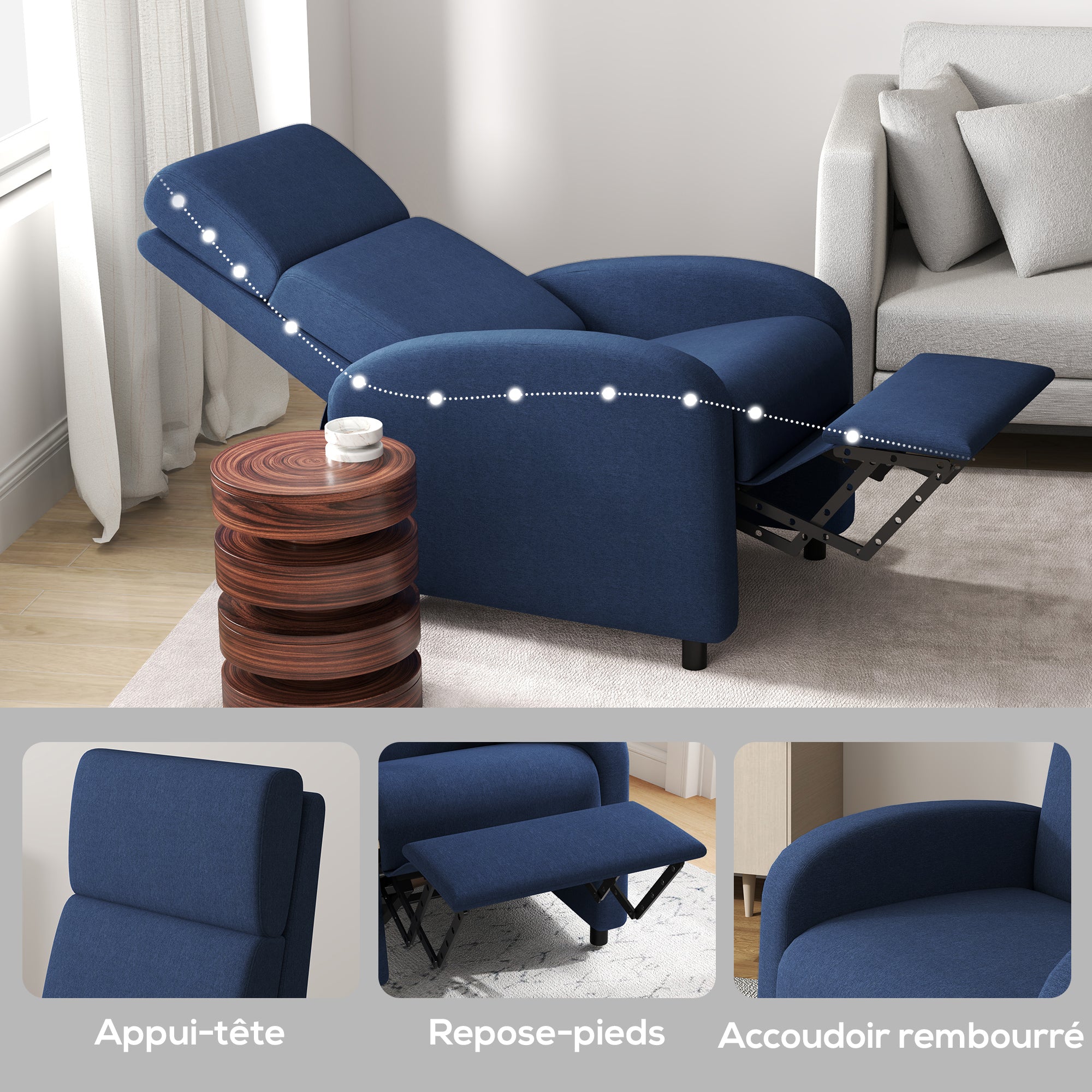 Fauteuil relax fauteuil de relaxation inclinable salon avec dossier réglable jusqu'à 160° manuellement, repose-pieds intégré pour salon chambre bureau home cinéma, charge 120 kg, bleu