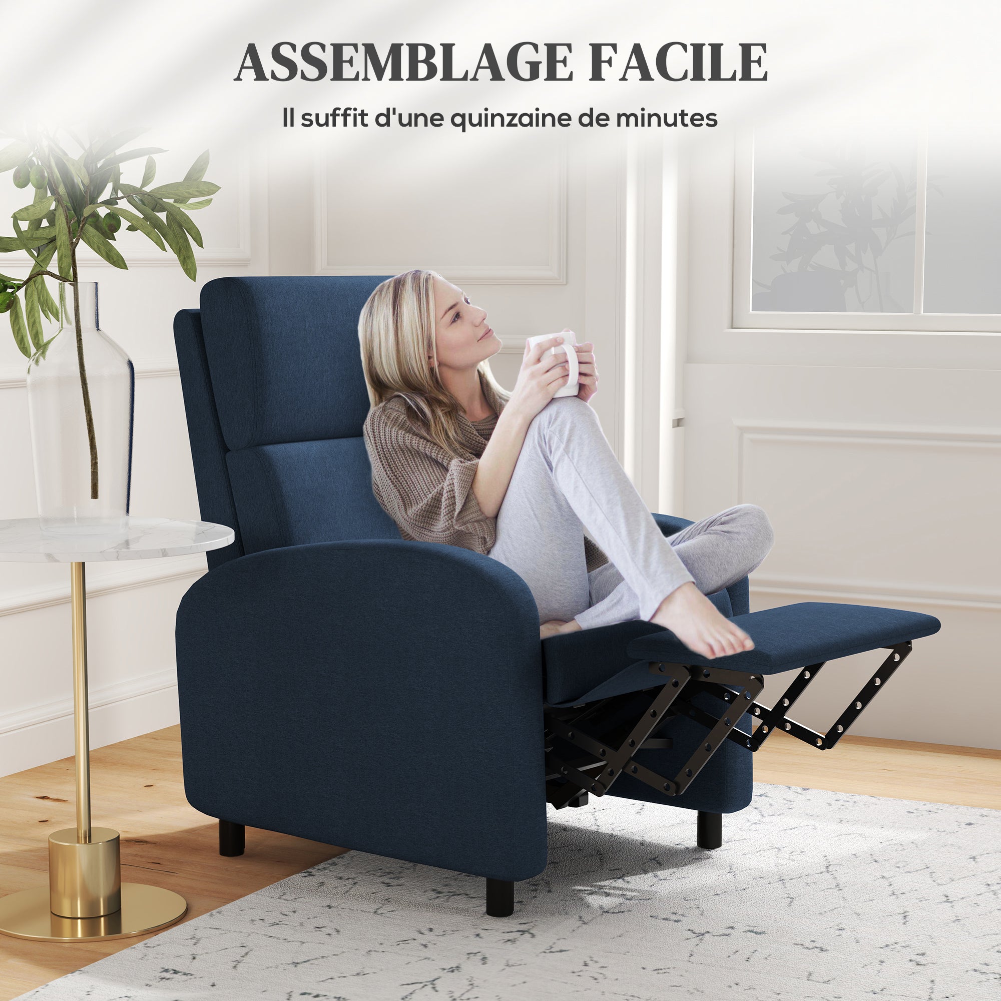 Fauteuil relax fauteuil de relaxation inclinable salon avec dossier réglable jusqu'à 160° manuellement, repose-pieds intégré pour salon chambre bureau home cinéma, charge 120 kg, bleu