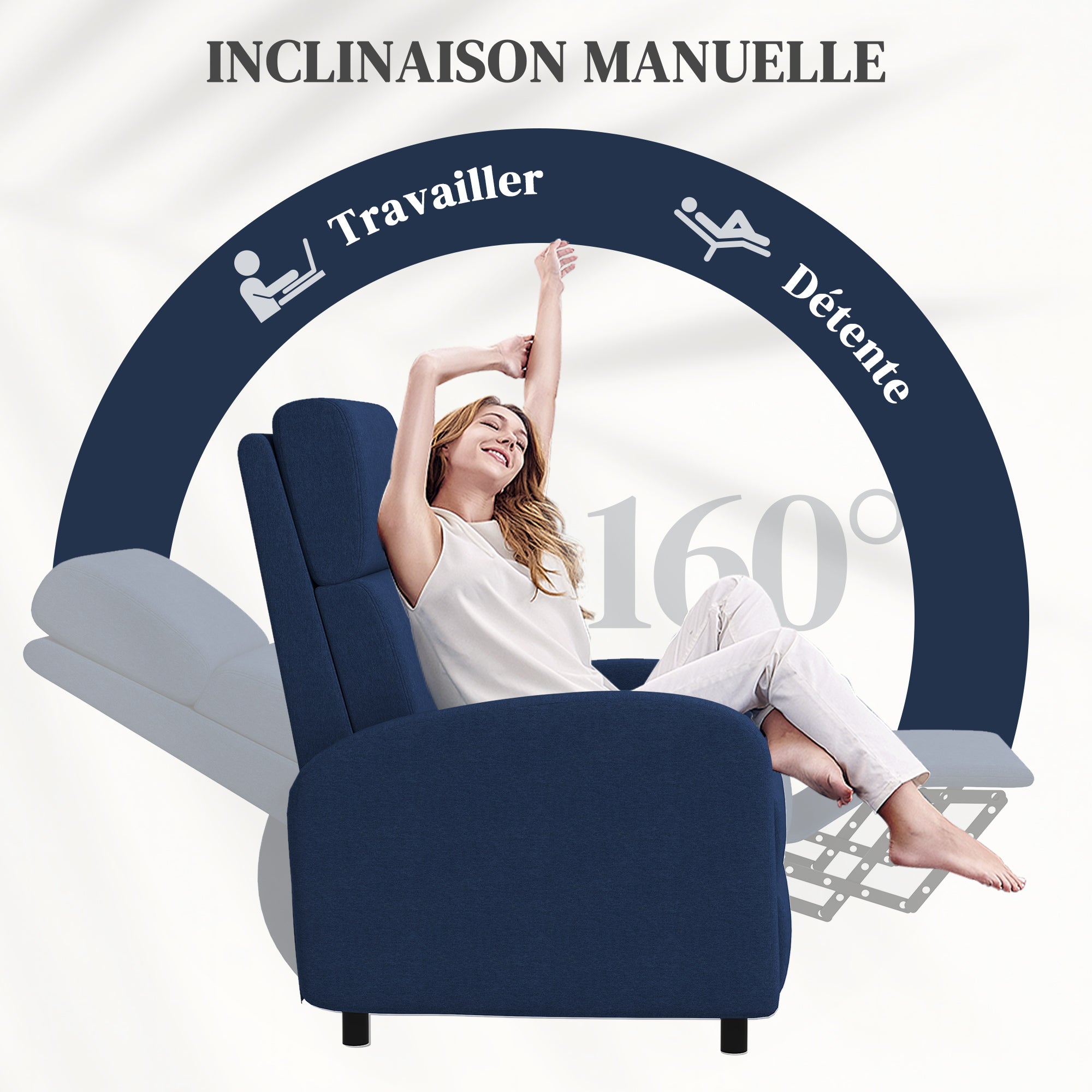 Fauteuil relax fauteuil de relaxation inclinable salon avec dossier réglable jusqu'à 160° manuellement, repose-pieds intégré pour salon chambre bureau home cinéma, charge 120 kg, bleu