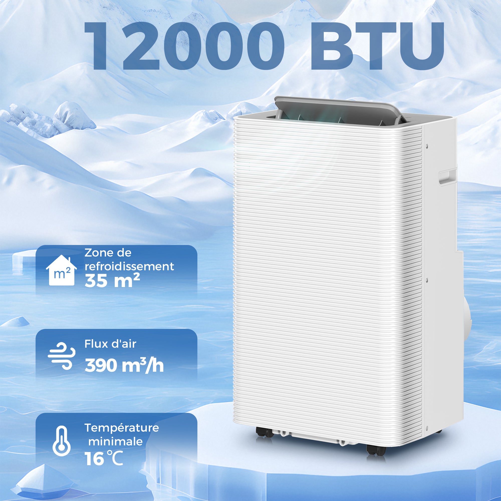 Climatiseur mobile 12000 BTU, climatiseur portable 4 en 1, refroidissement, déshumidificateur, ventilateur, mode nuit, télécommande, minuteur 24H, oscillation, 3 vitesses, pièces 35m², classe A